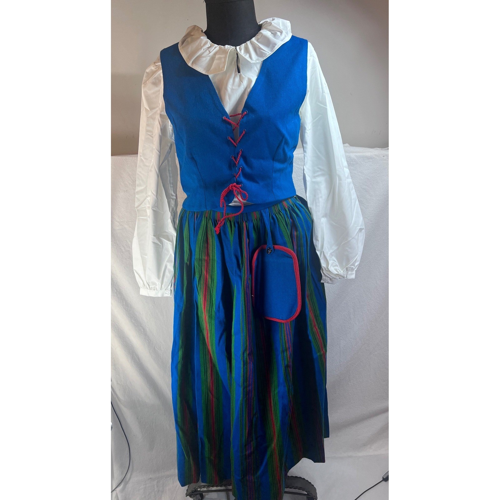 Suomi Puku Ky Finnish Folk Costume Women Blue Striped Nordic Heritage Dress Set