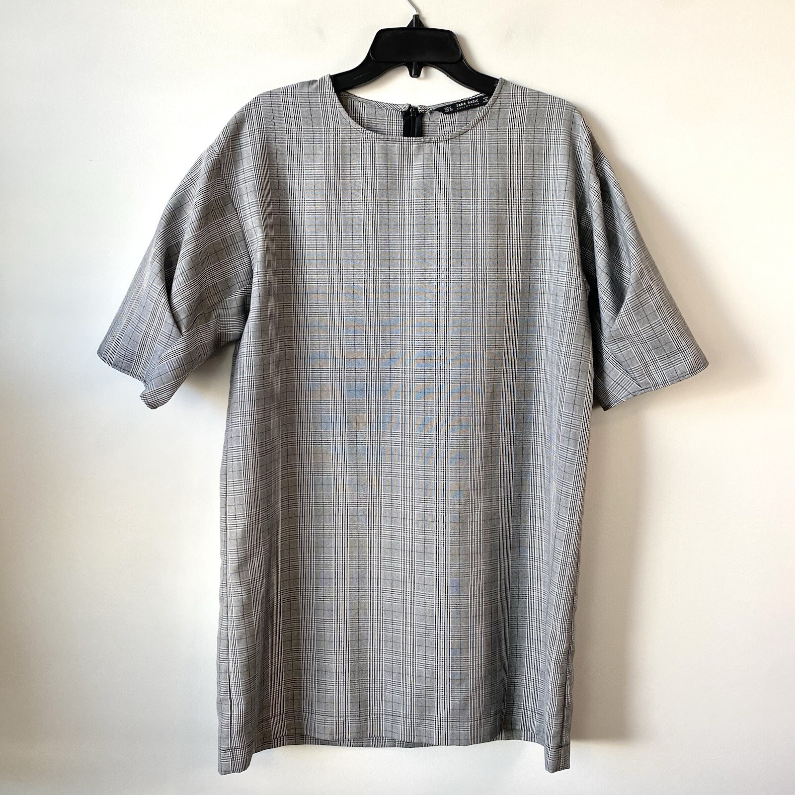 Zara Pleat Puff Sleeve Shift Dress Plaid Check M
