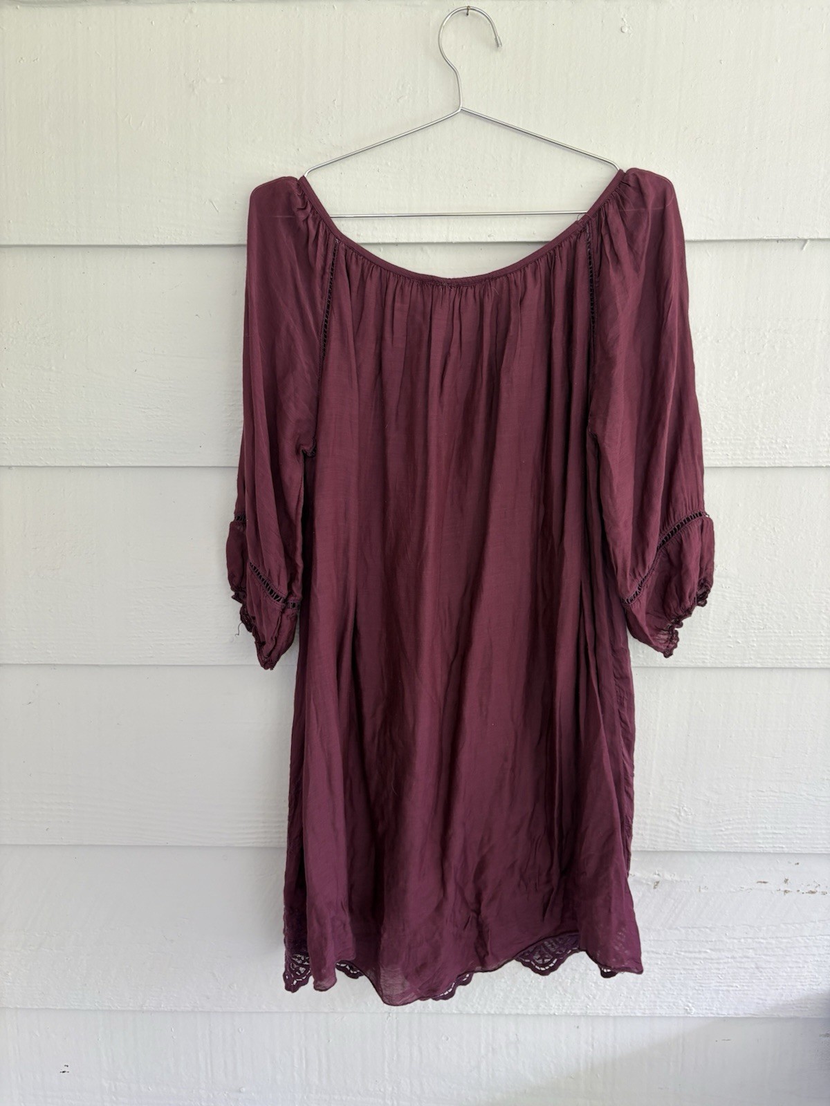 Nicole Burgundy Silk Blend Peasant Dress Lace Hem Boho Made in Italy Size Small