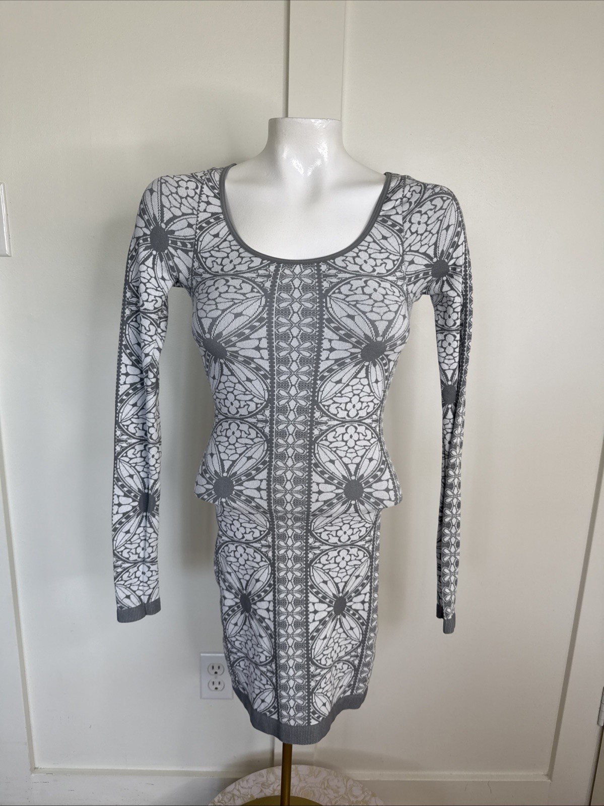 Free People Intimately XS/S Ivory Gray Printed Jacquard Seamless Bodycon Dress