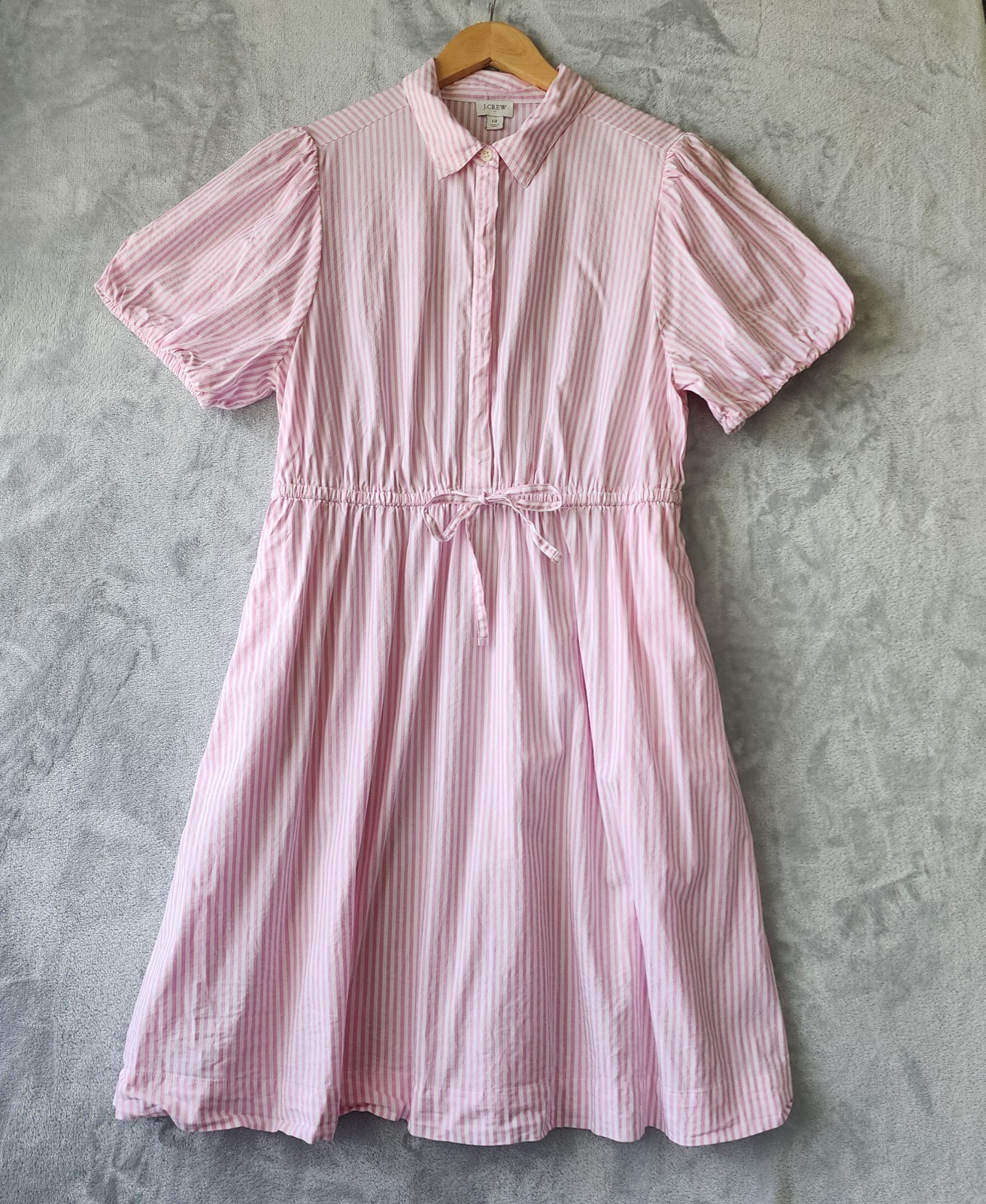 J.Crew Dress Womens Size 12 Pink White Striped Tie Belt Pockets Bubble Sleeve