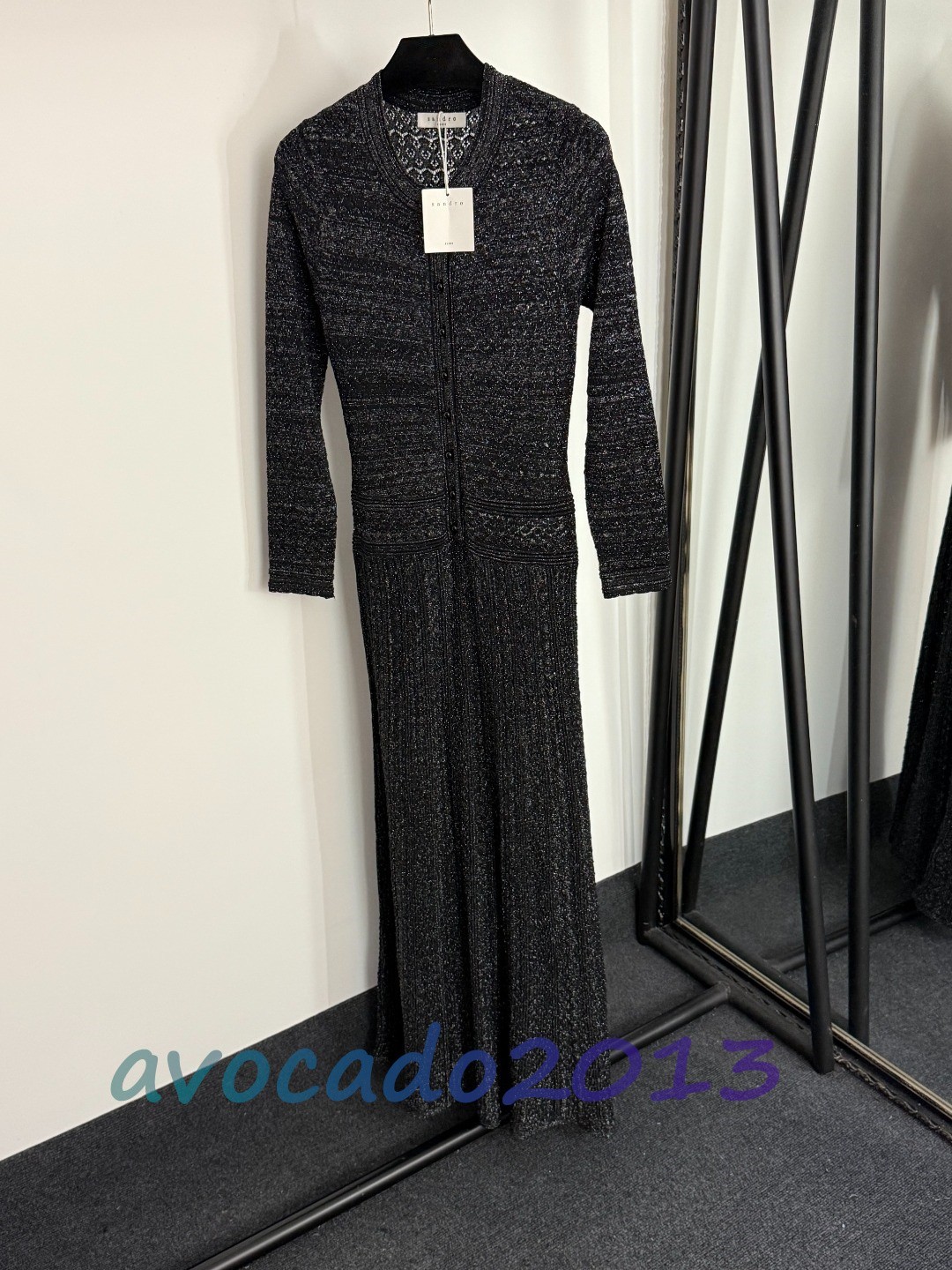 Sandro Women Pearl Button Elegant Hollow Out Long Sleeved Knitted Dress