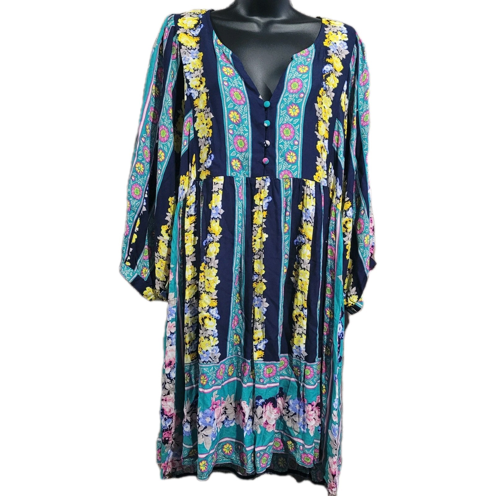 Umgee Mixed Floral Print Dress XL Button V-Neck Balloon Slv Bohemian Party