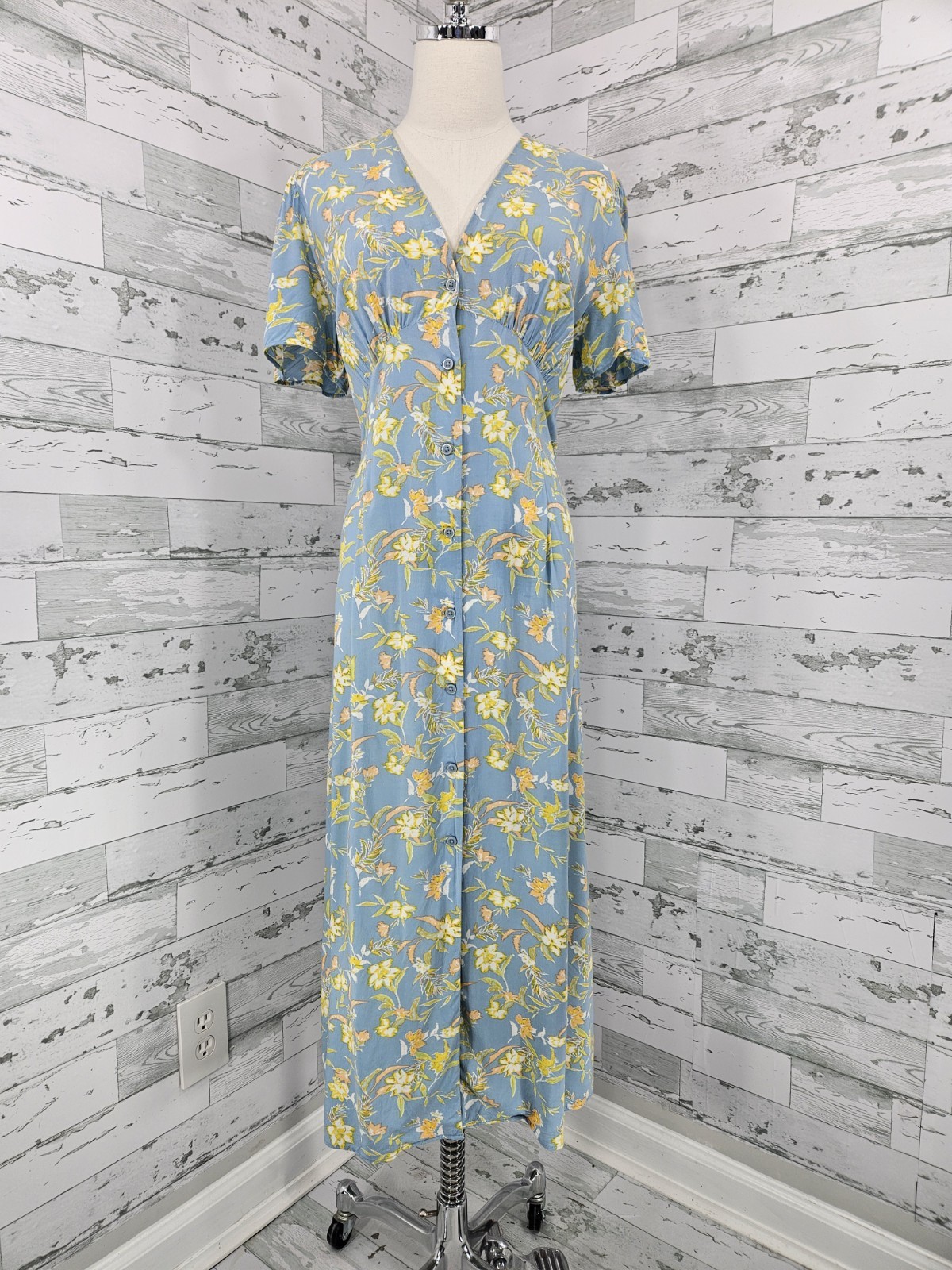 Uniqlo Blue Yellow Floral Print Button Down Midi Dress Women M Lightweight