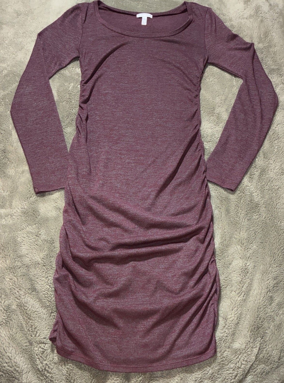 Leith Burgundy Heathered Ruched Bodycon Long-sleeved Dress, Size Small