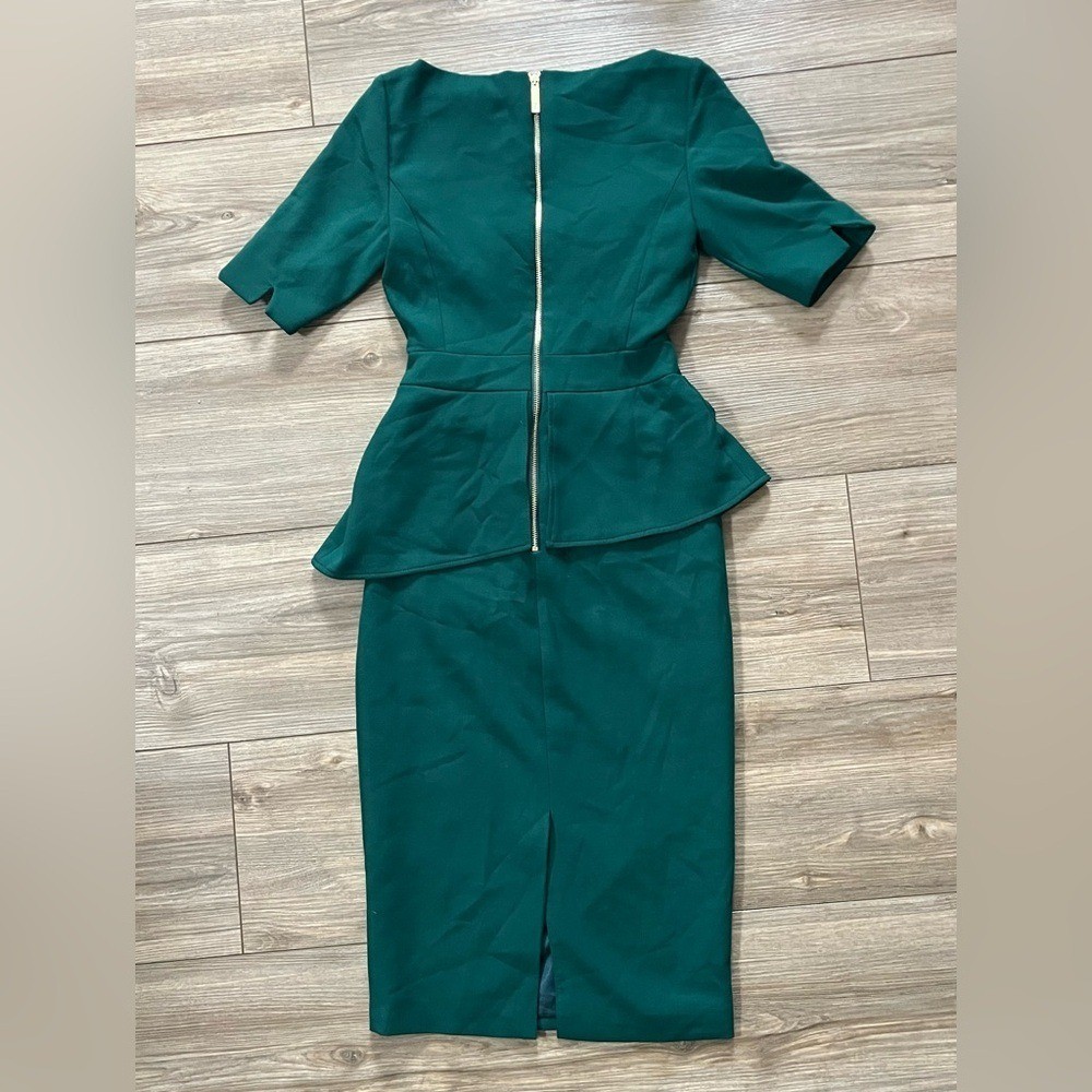Ted Baker Romolaa Peplum Dress Short Sleeve Dark Green Size 0
