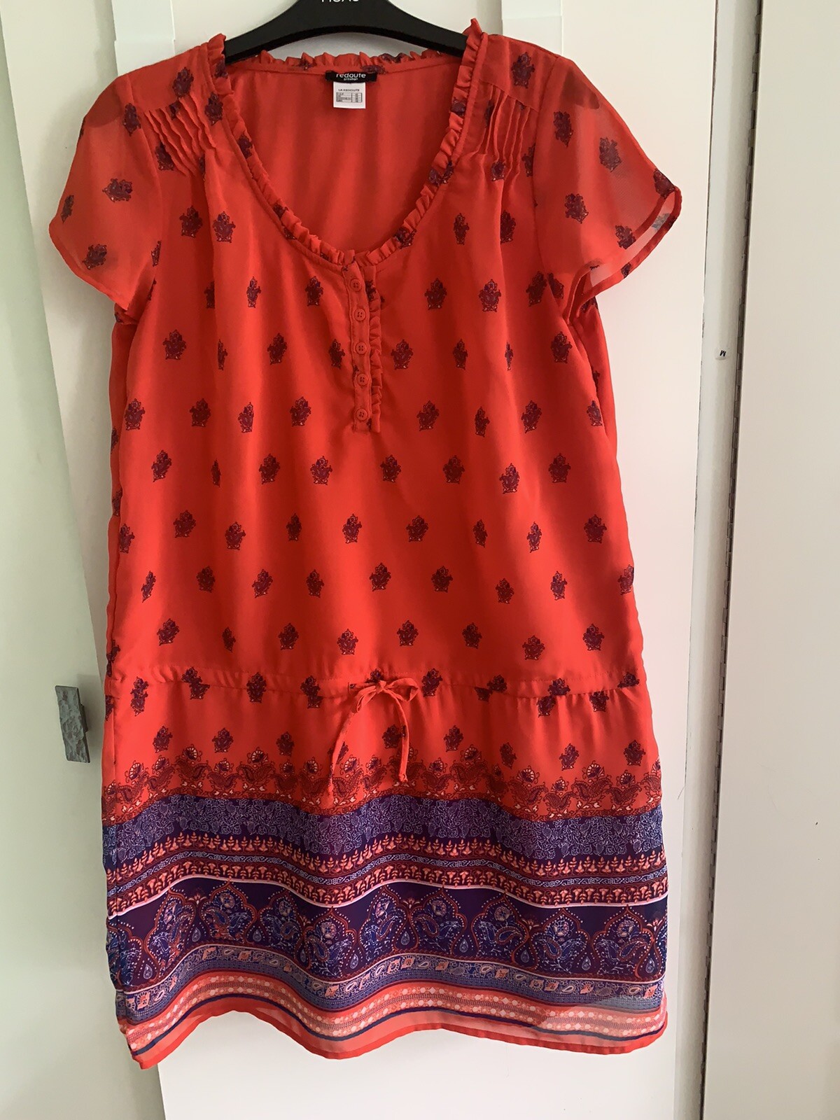 La Redoute Orange Printed Dress With Button Frilled Neckline / Drawstring Waist