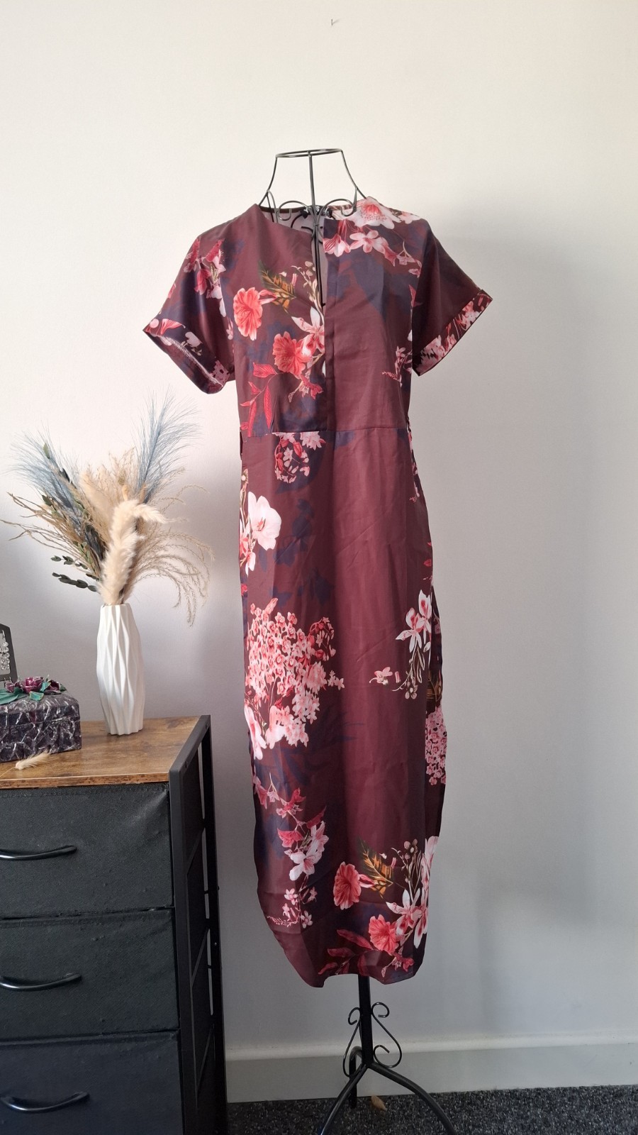 Floral print Kimono style short sleeve asymmetric side slit midi dress size S