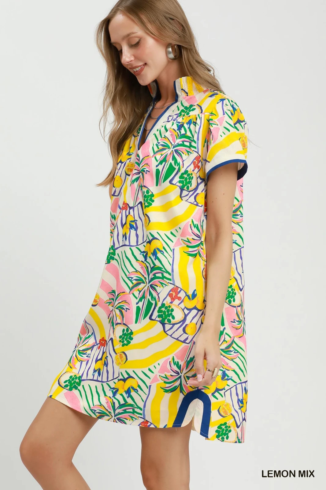 Umgee Tropical Print Collared Shift Dress – Lemon Mix – Small