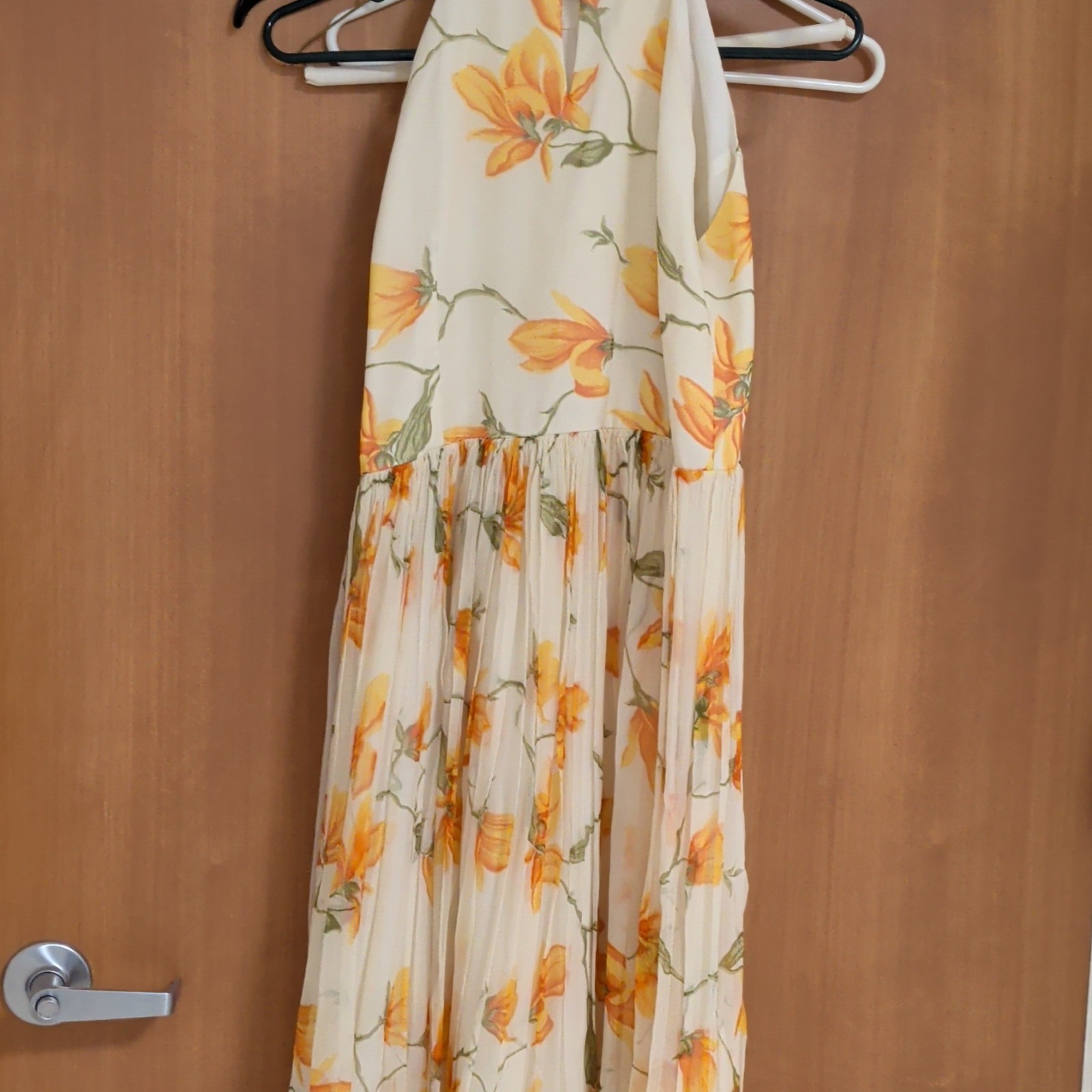 Women’s White Orange Green Floral Maxi Dress Long Length Pleated Skirt