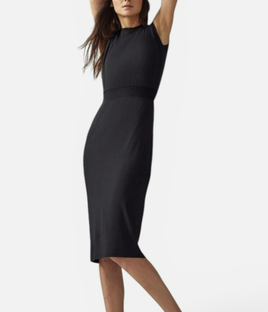 Athleta Santorini Cinch Dress Black Modal Travel Midi S