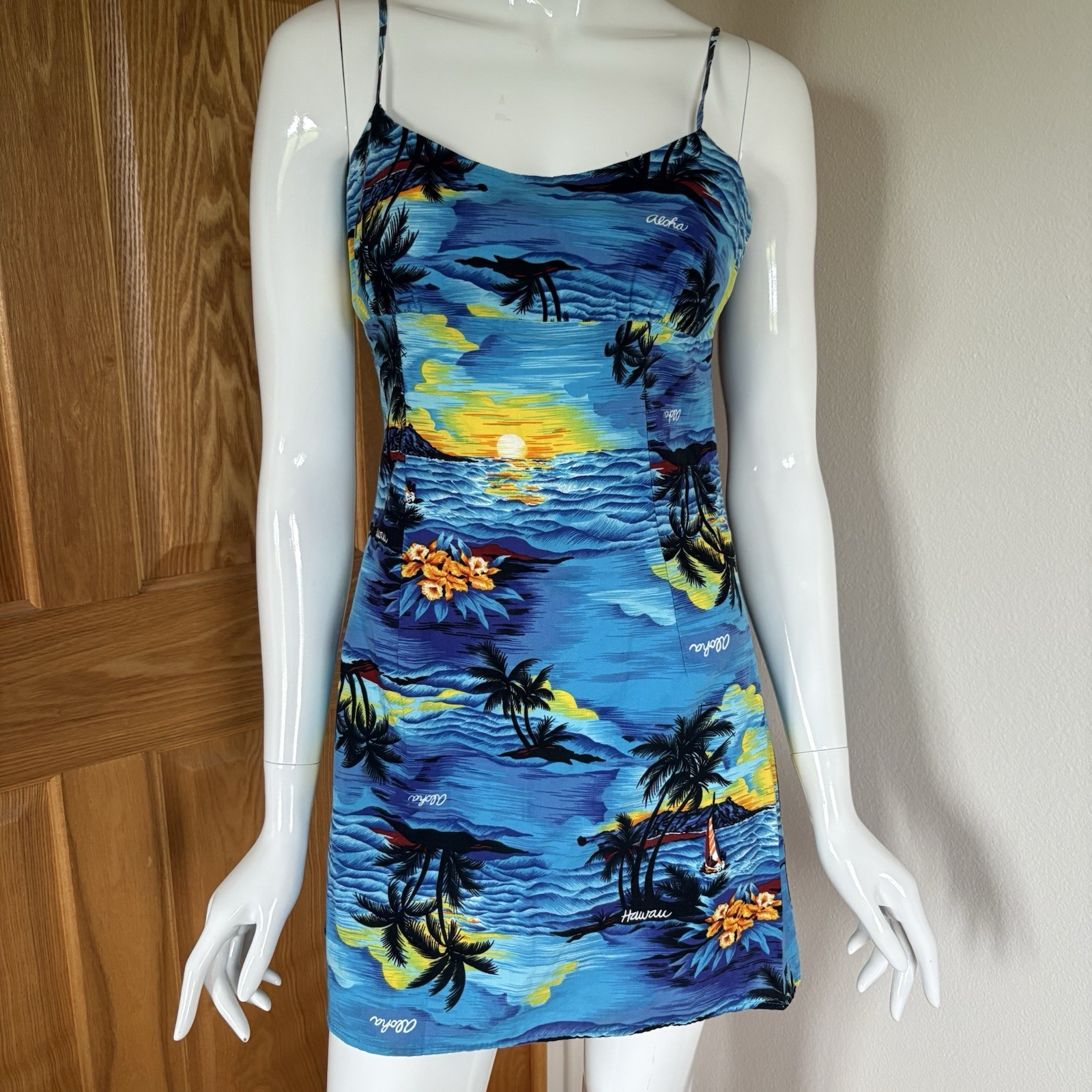 Royal Creations Style Hawaii Aloha Tropical Sunset Print Mini Dress Blue