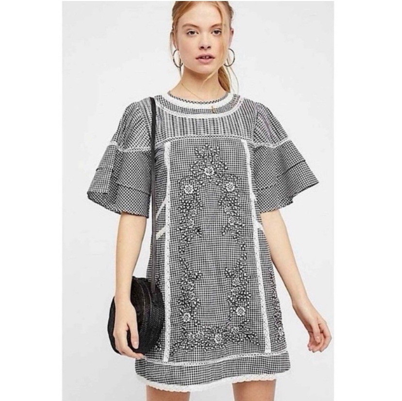 Free People Sunny Day Gingham Embroidered Floral Babydoll Dress XS Cottagecore