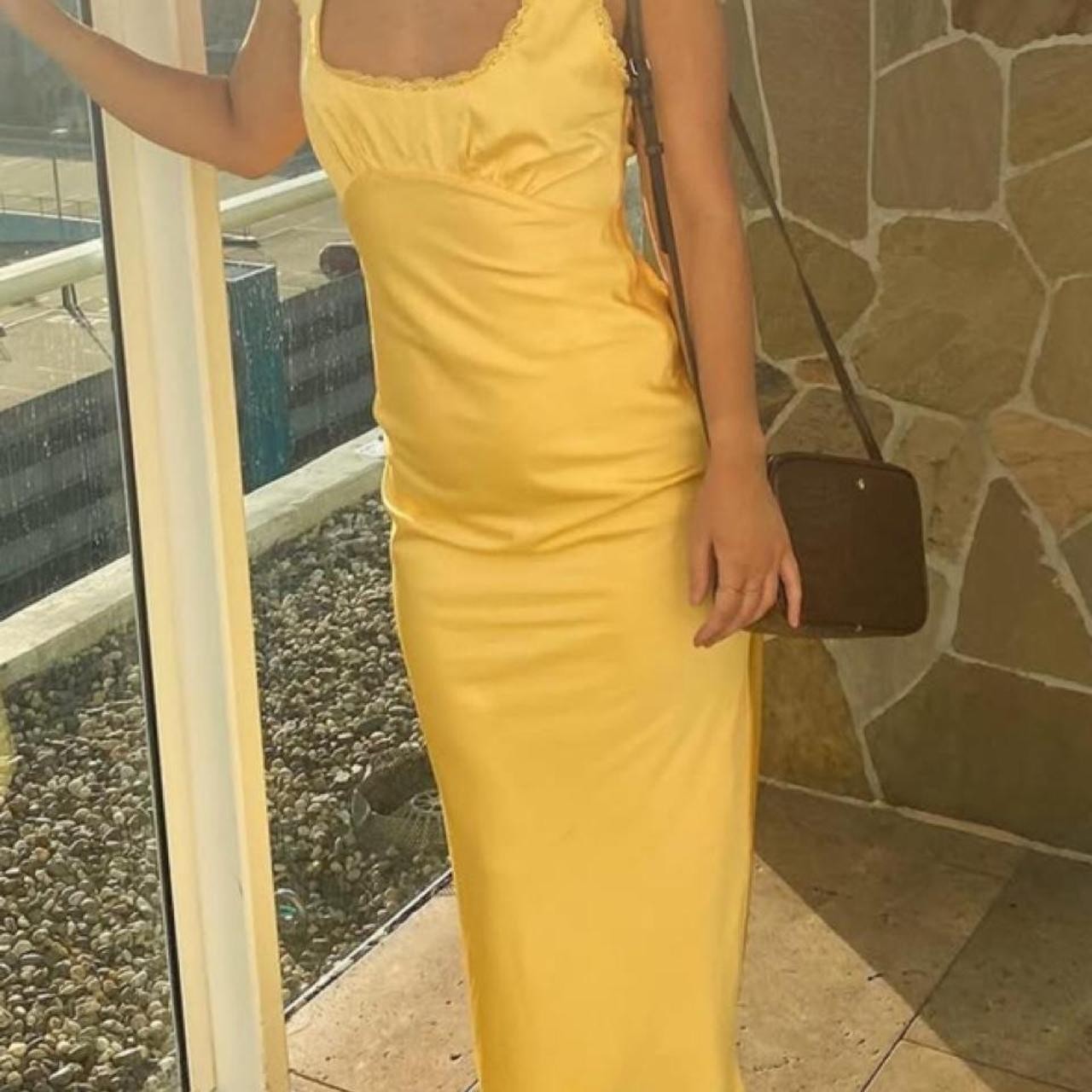 DAZIE Yellow Satin Lace Trim Midi Dress | Size AU 8 | Butter Yellow Slip Dress