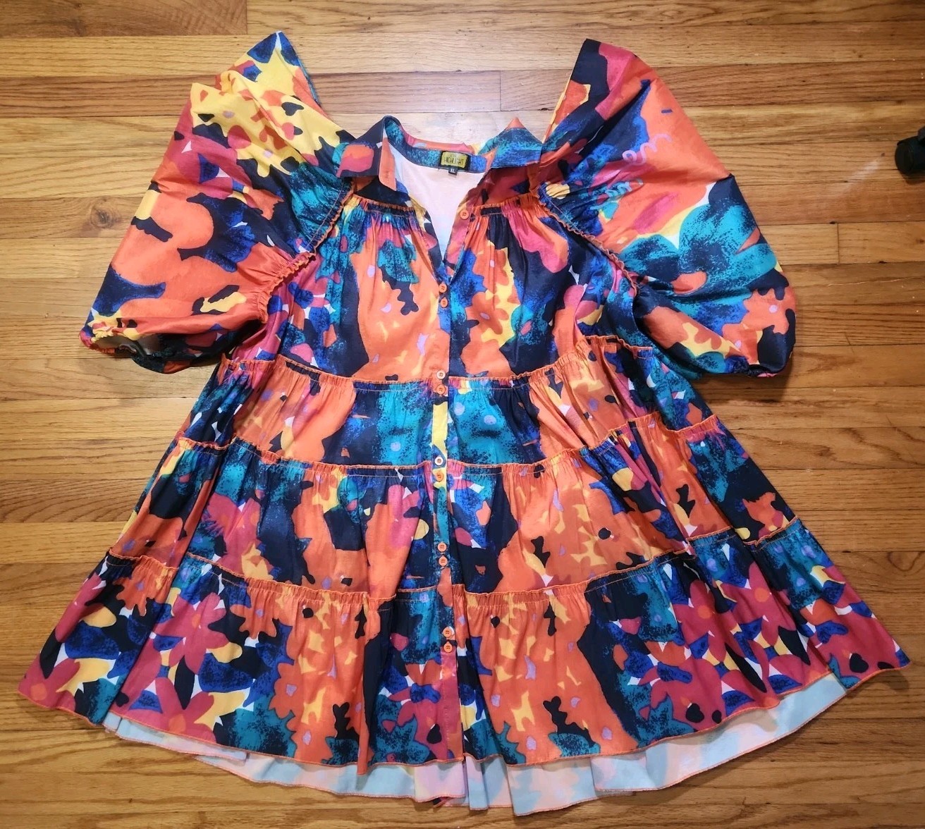 LOVE HIGHLIGHT Mini Dress Size XL Wild Floral DRAMATIC Batwing Balloon Sleeves
