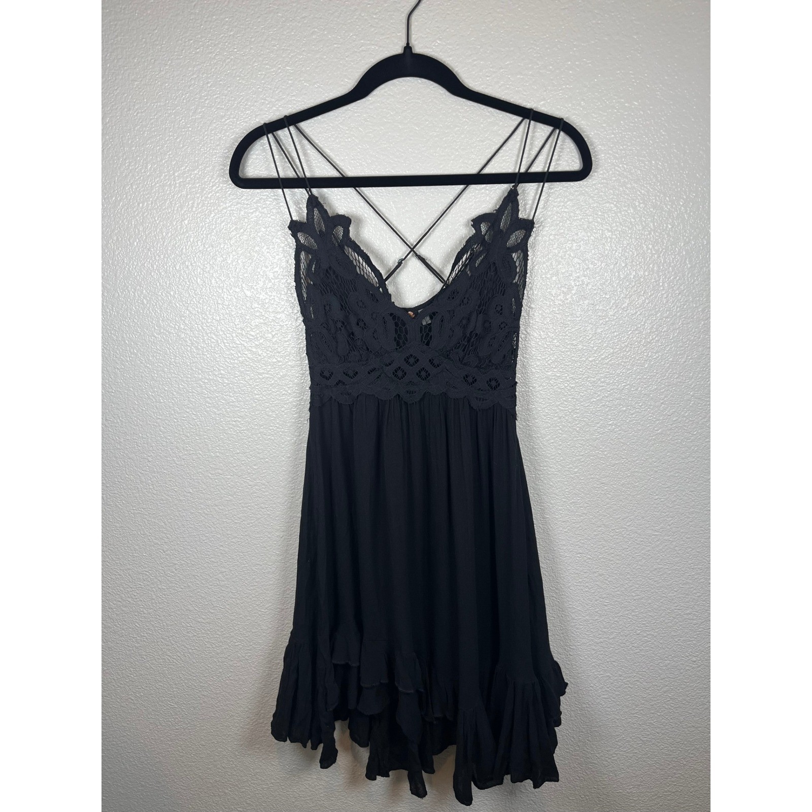 Free People FP One Adella Slip Dress Crochet Lace Ruffle Mini Black Small