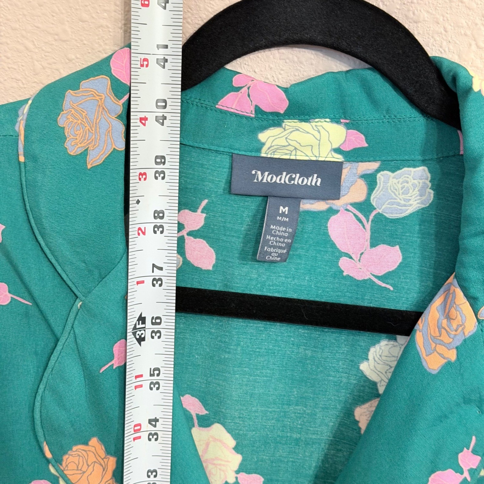 ModCloth Green Floral Rose Button Down Belted Shirt Dress Pockets Medium