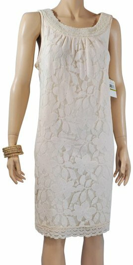ECI New York NWT Ivory Lace Sheath Dress Beaded Neck Sleeveless Size 14 $148
