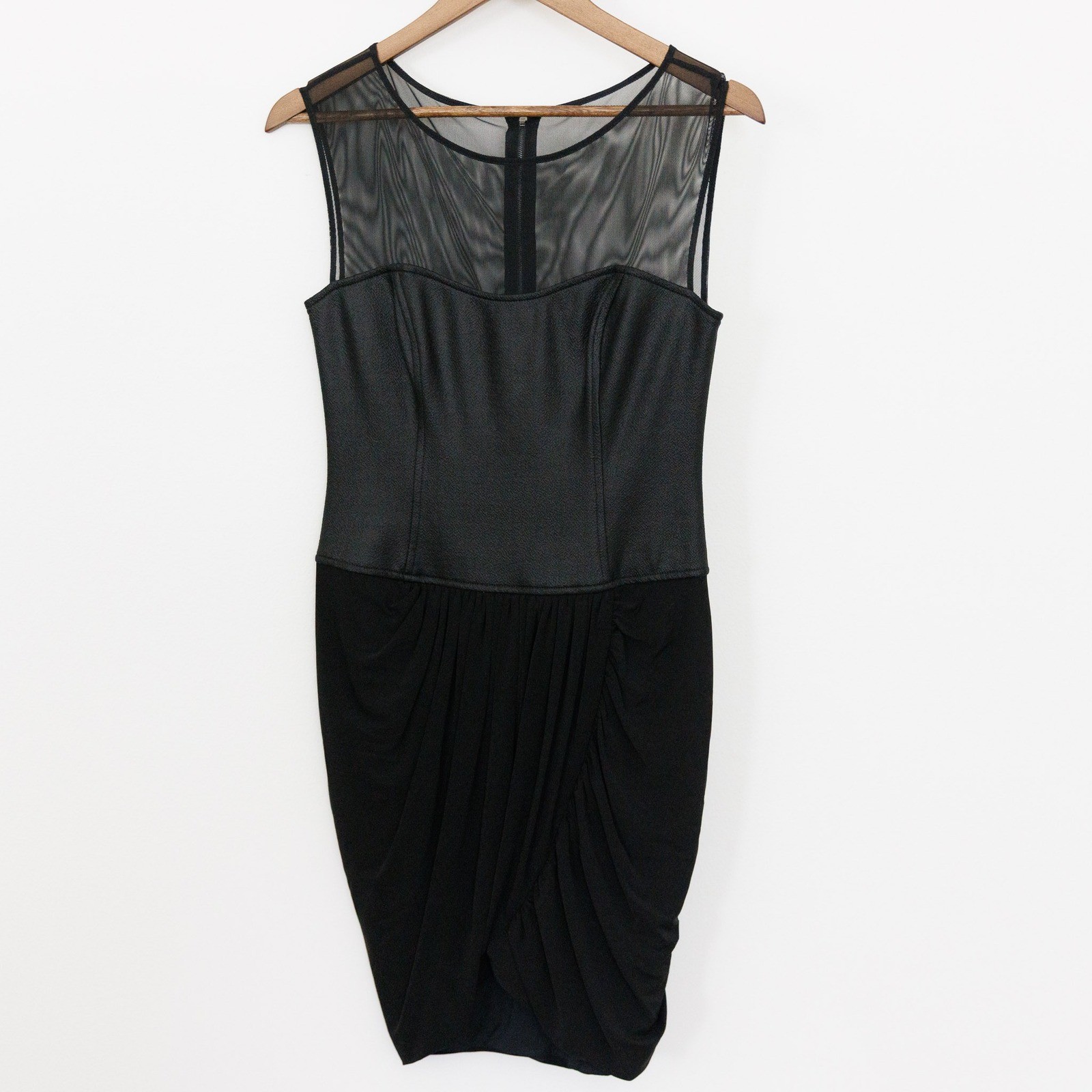BCBGMAXAZRIA Black Mesh Yoke Draped Tulip Skirt Cocktail Dress Small LBD