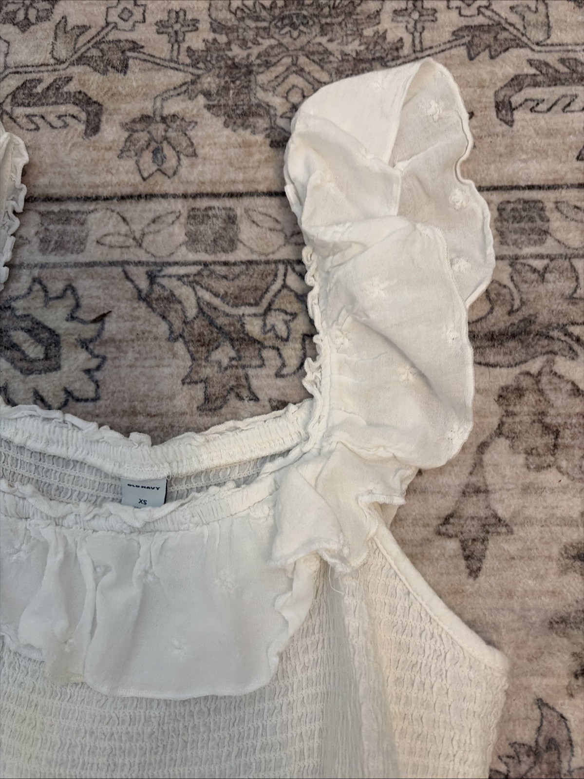 Old Navy White Eyelet Smocked Maxi Dress Ruffled Beachy Cottage Peasant XS