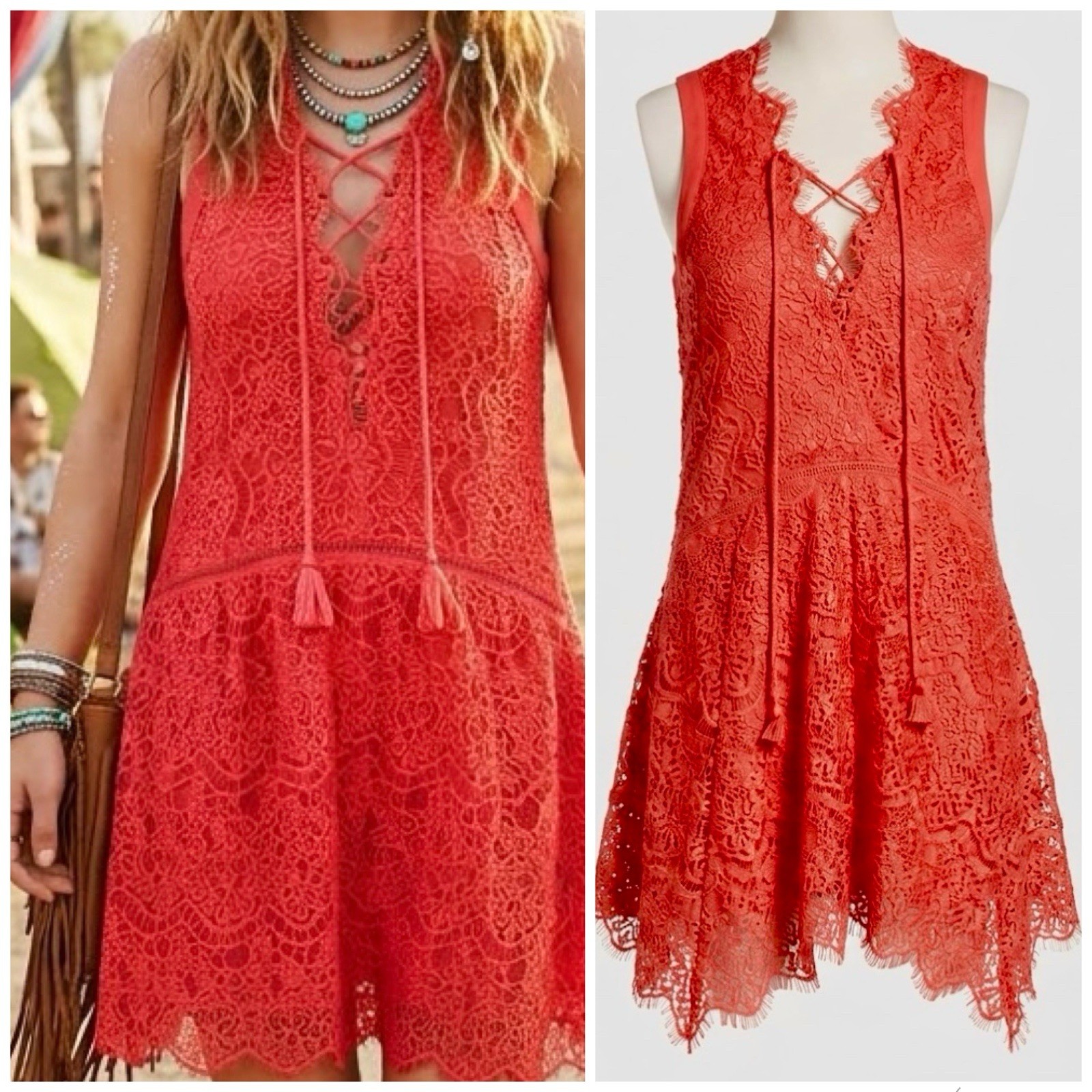 Adelyn Rae Boho Festival Lace Dress Scalloped Hem Lace-up Tassel Coral Small NWT