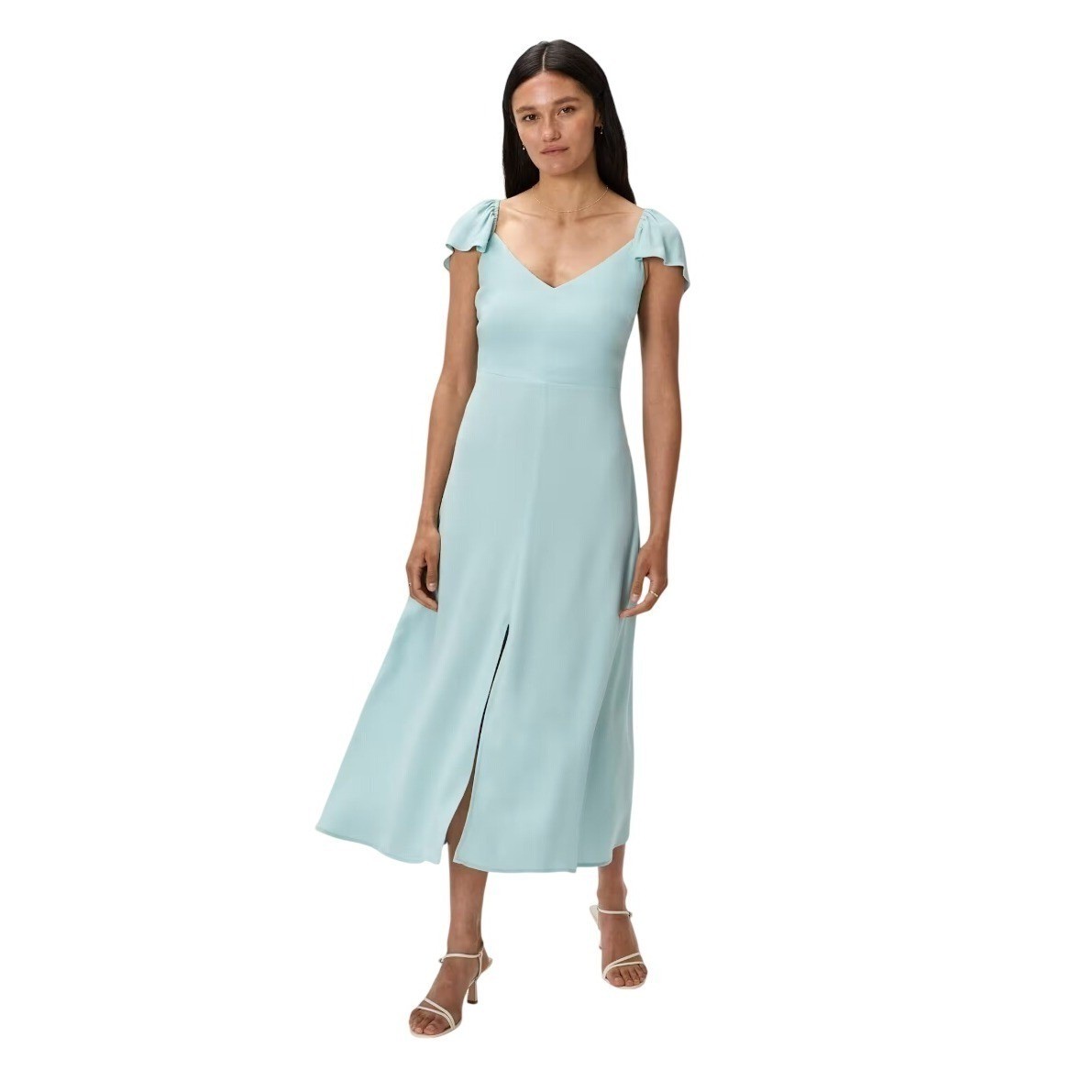 Quince Lightweight Crepe Flutter Sleeve Midi Dress Aqua Pearl NWT Quiet Luxury