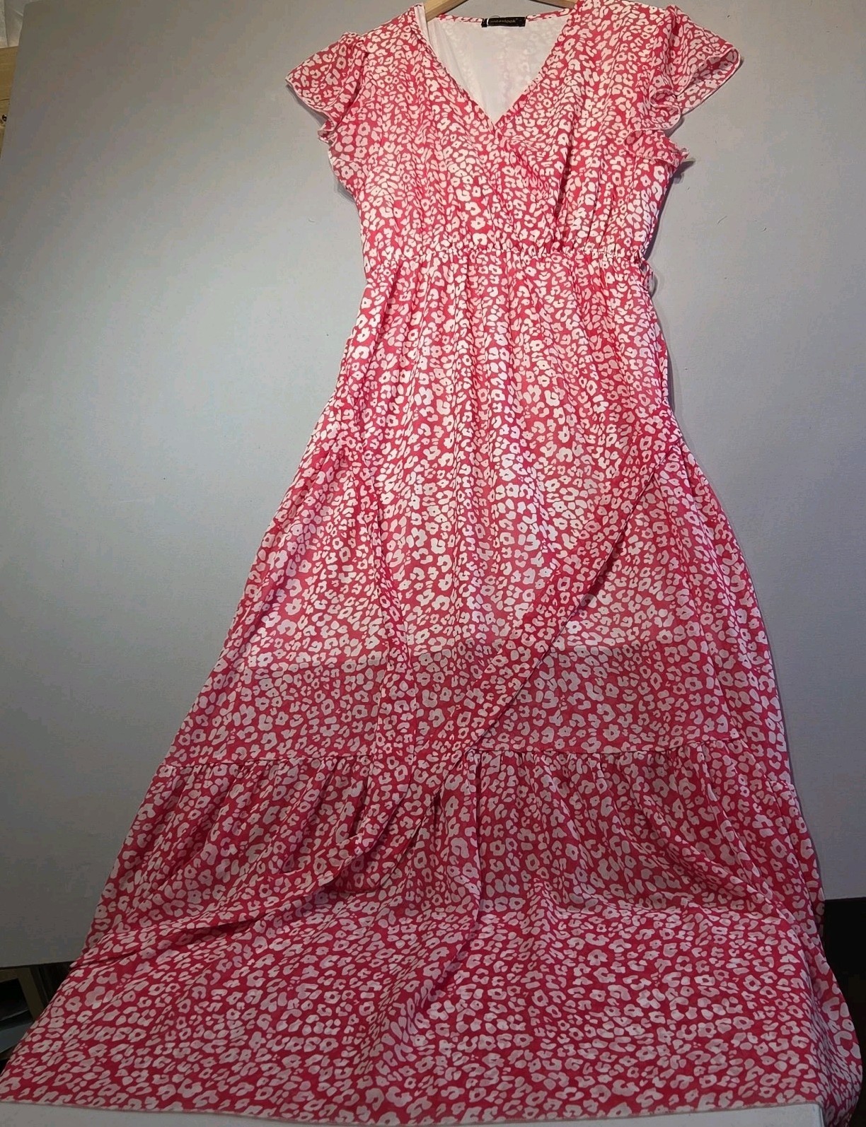 Fantaslook Women’s Small Pink White Animal Print Maxi Dress NWT Lined Tie Waist