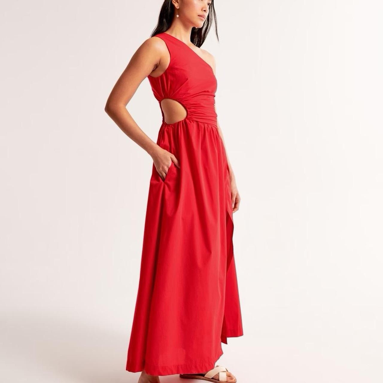 Abercrombie & Fitch Red One-Shoulder Cut-Out Maxi Dress Rayon