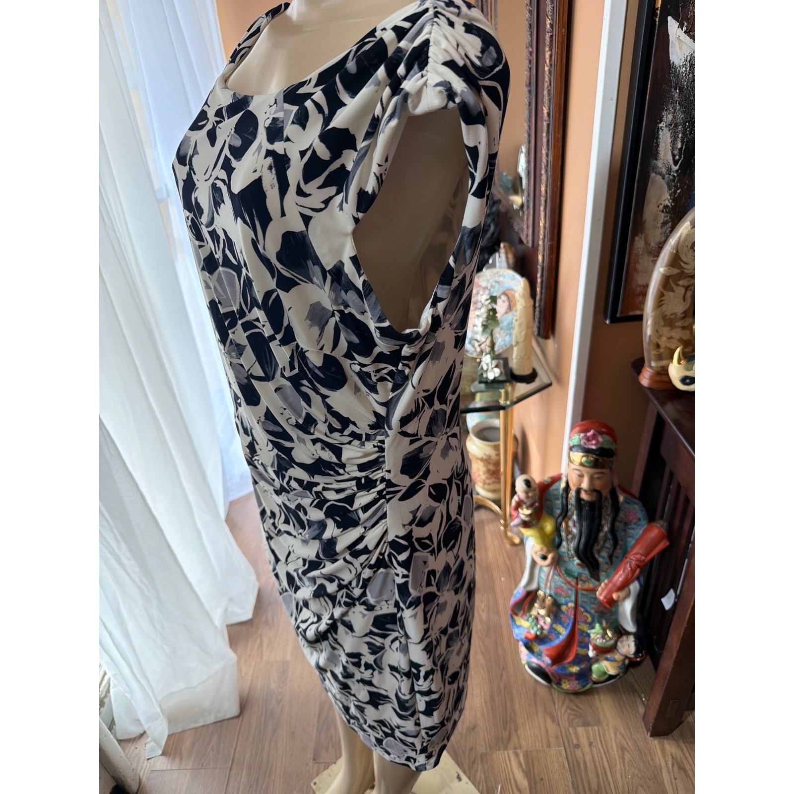 Lauren Ralph Lauren Navy Cream Floral Ruched Sheath Dress Size 16 Sleeveless