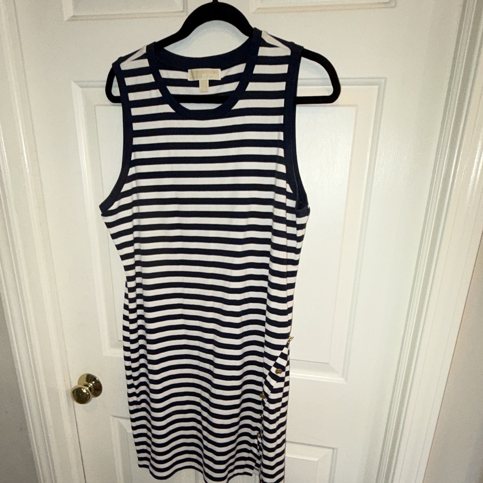 Michael Kors Navy/White Striped Sheath Dress Crew Neck Knee Length XL