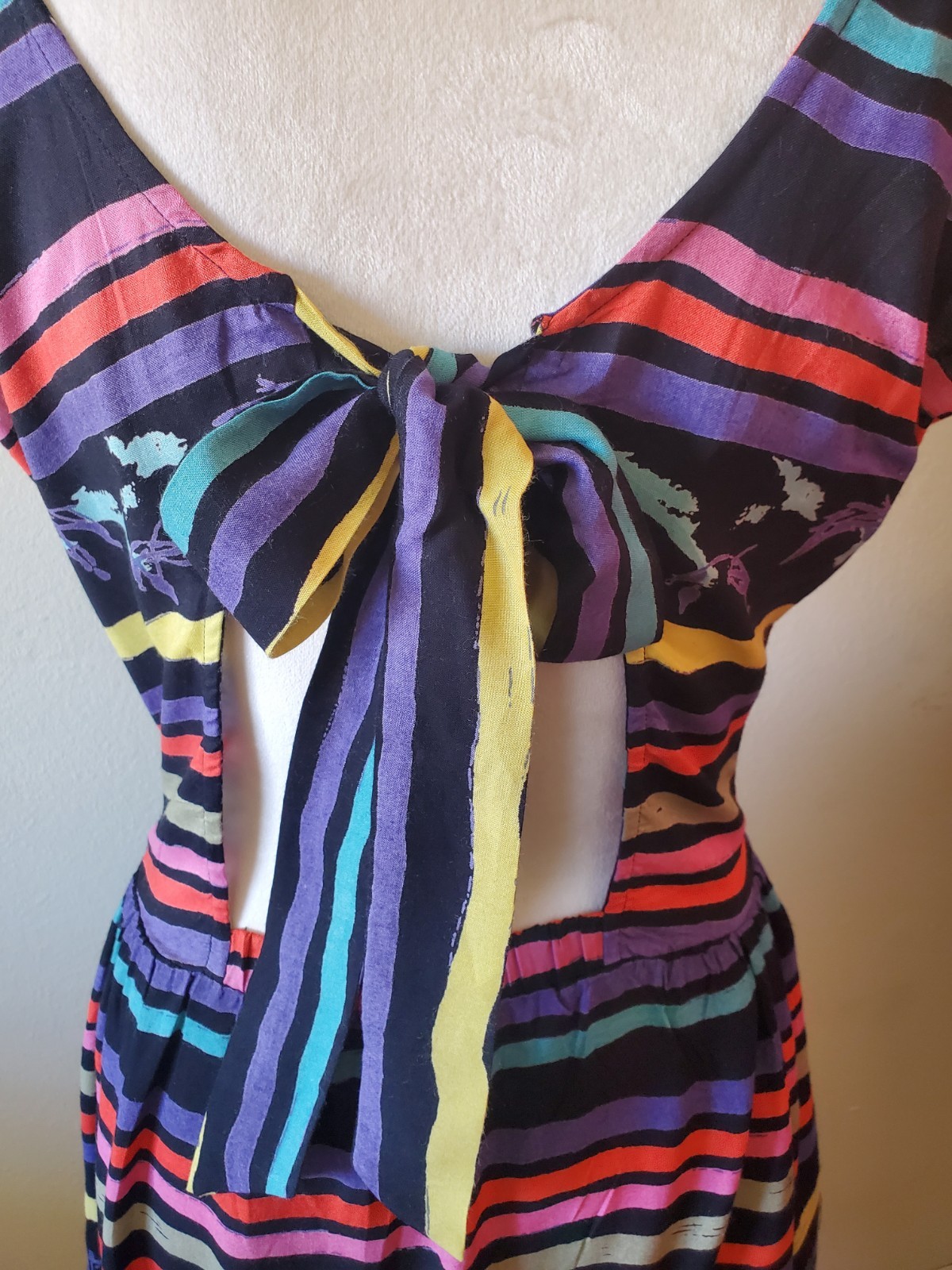 Anthropologie Women’s S Striped Mini Dress Tie Back Side Pocket Black/Multicolor