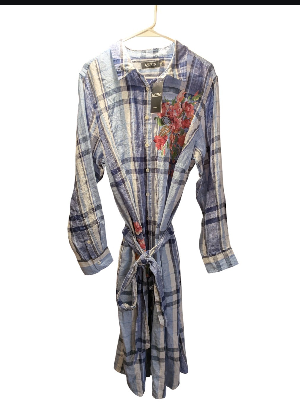 Lauren Ralph Lauren Blue Plaid & Pink Floral Sz 18W Linen Belted Shirtdress NWT