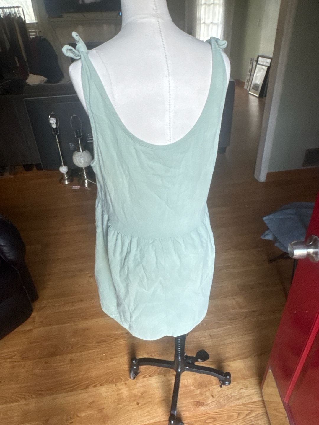 Romwe Sage Green Shoulder Tie Babydoll Mini Dress