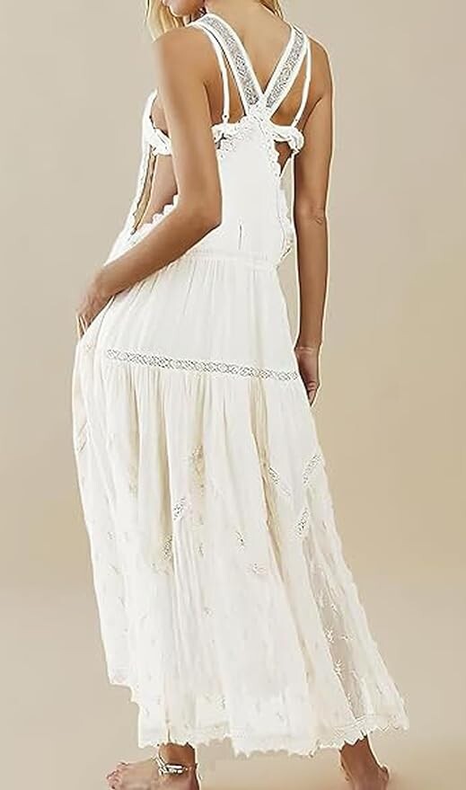 Women’s Laced Embroidered Tulle Bib Dress Casual Loose Adjustable Straps Maxi