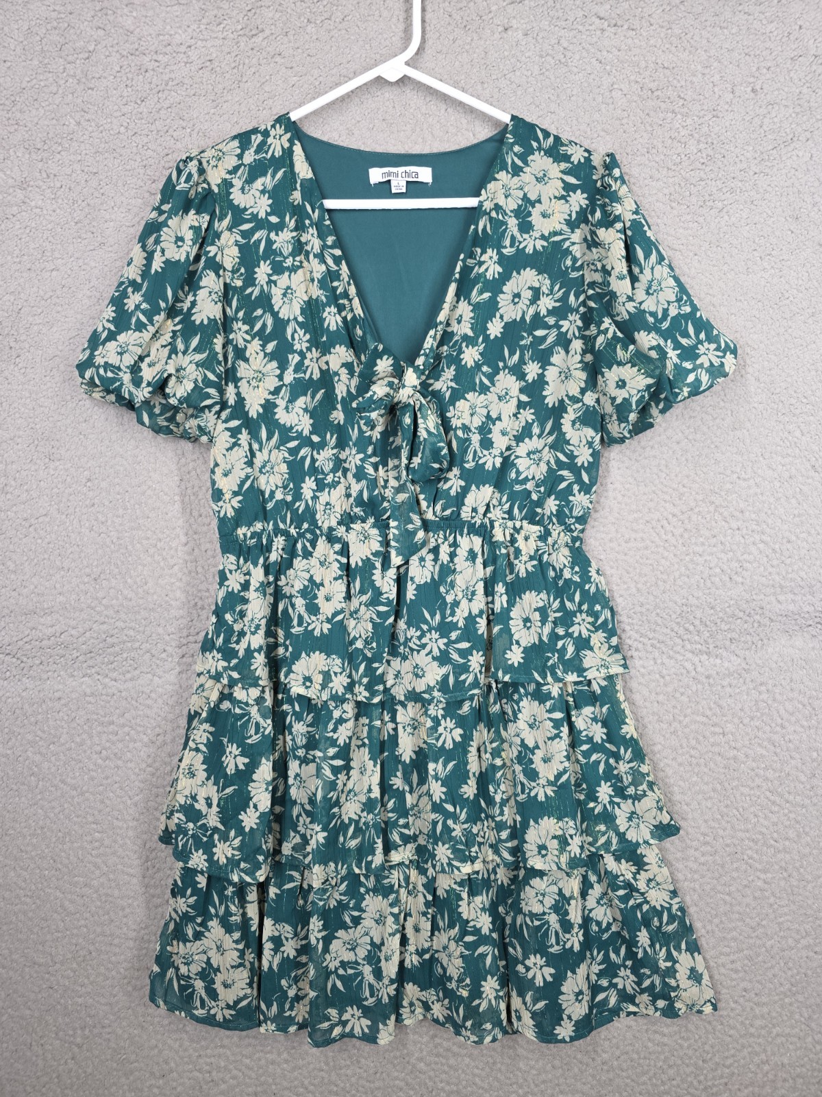 Ruffled Tiered Green Floral Dress Large Short Sleeve Mimi Chica Layered Skirt