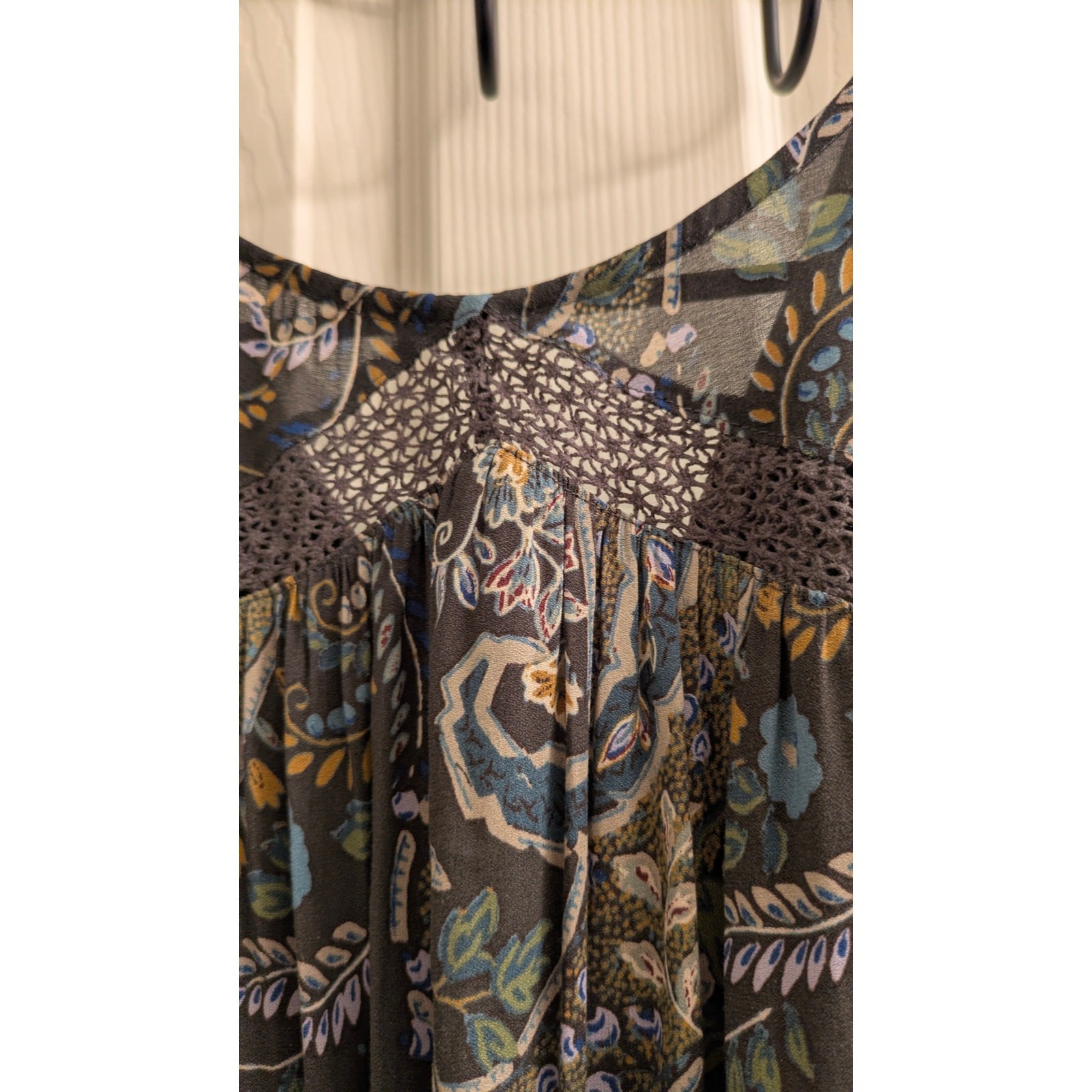 Free People Boho Paisley Floral Crochet Tunic Dress – Long Sleeve, Pockets