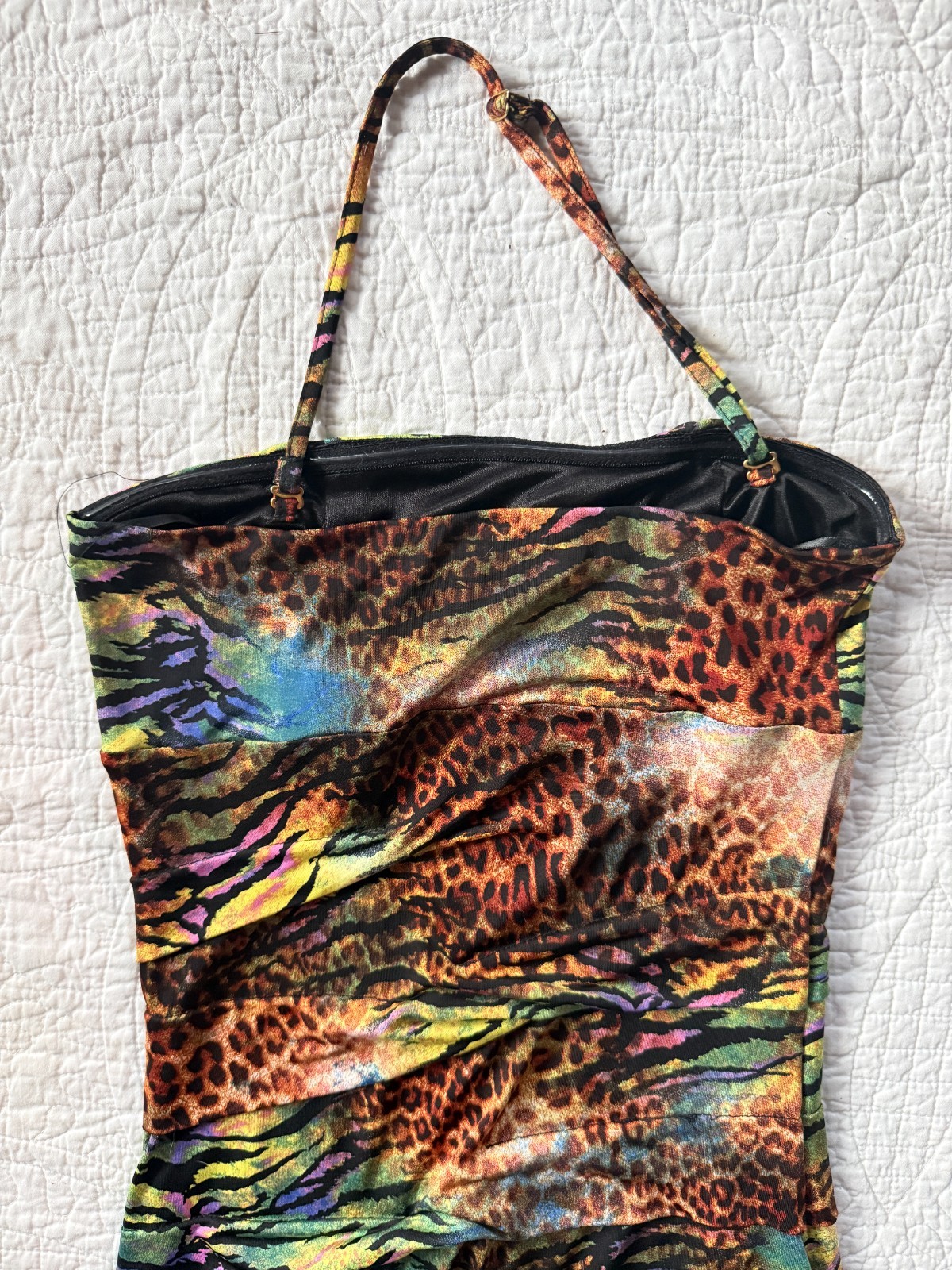 Forever 21 Y2K Rave Neon Ruched Animal Print Halter Bodycon Mini Dress Size S/P