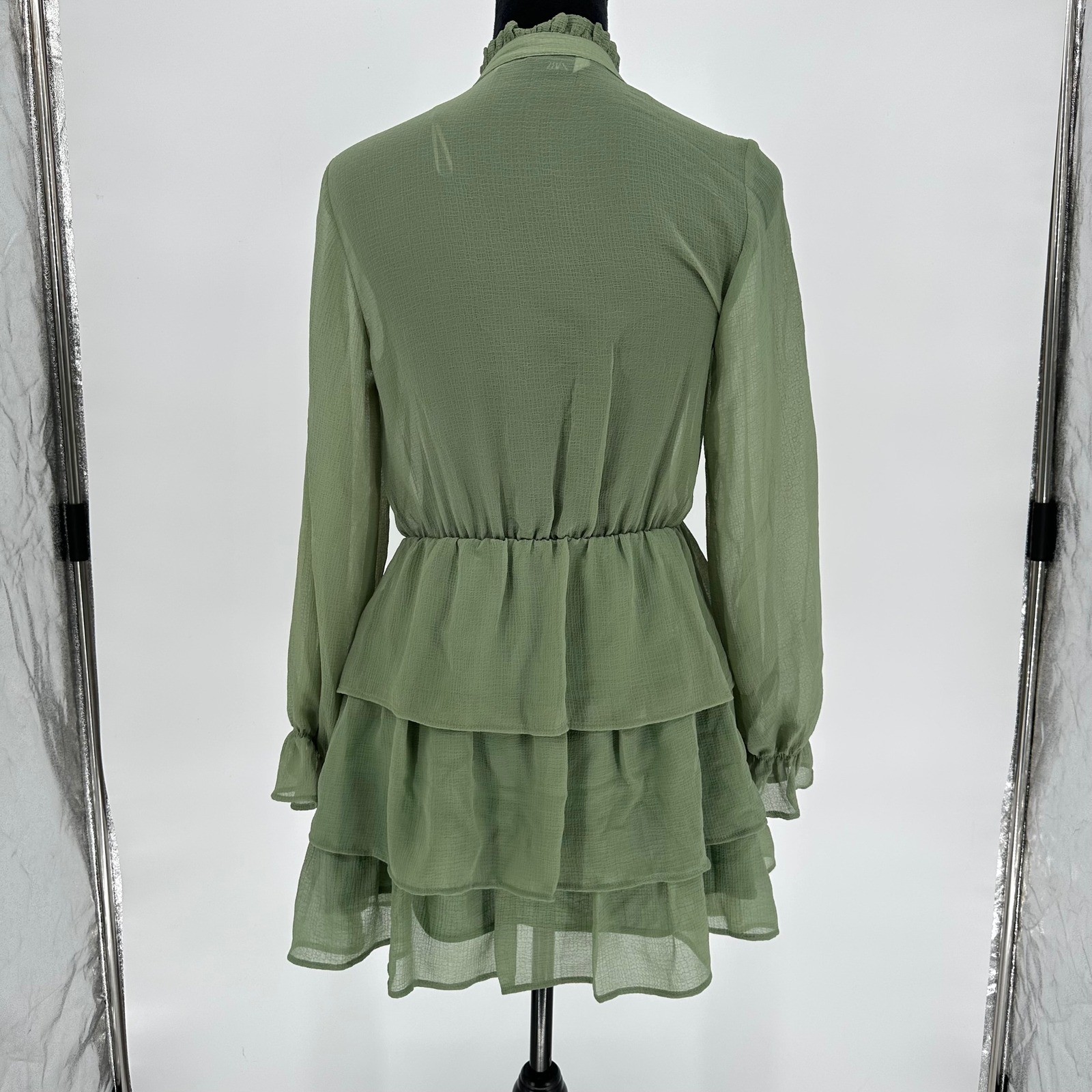 Zara Green Sheer Ruffle Long Sleeve Mini Short Dress V-Neck Women’s XS