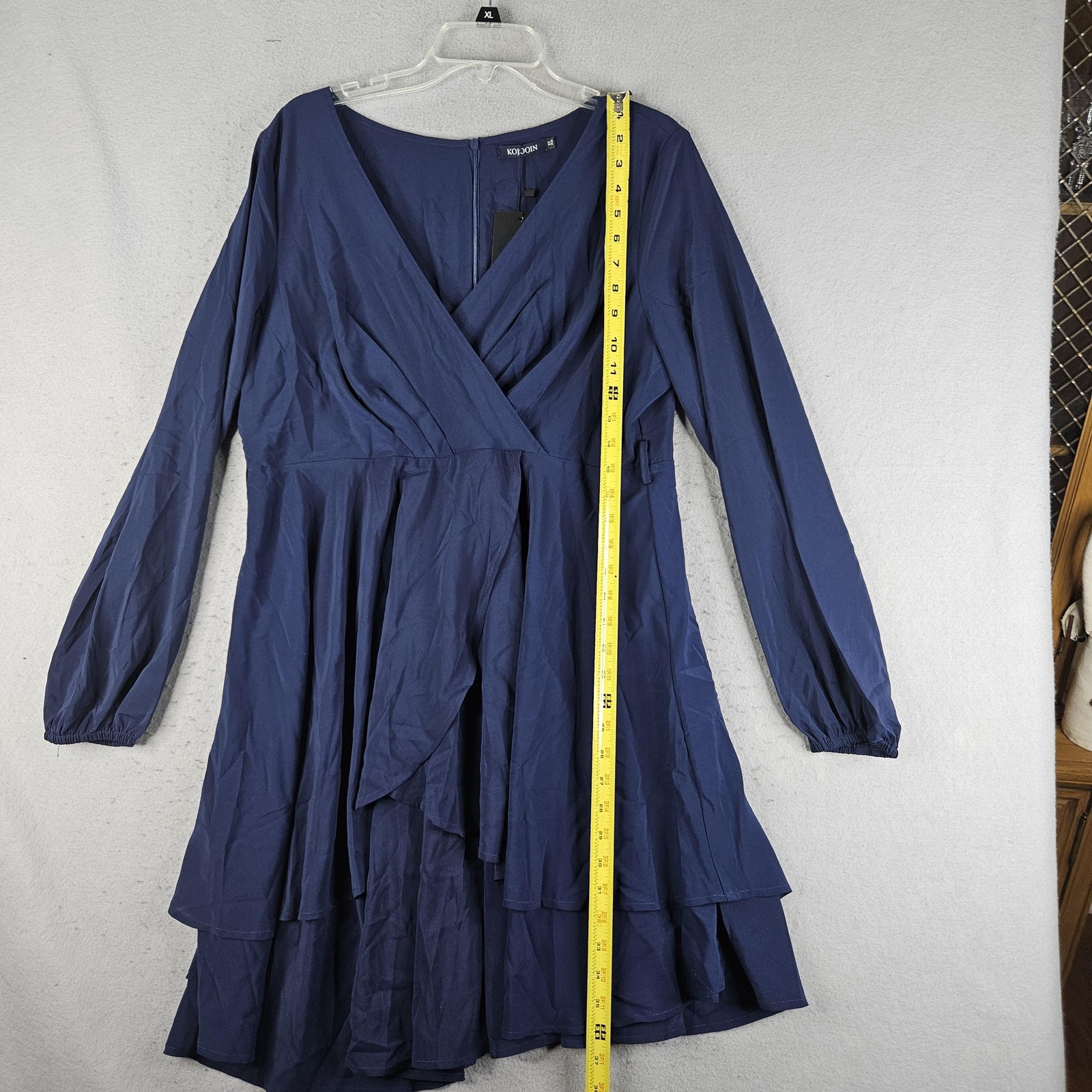 KOJOOIN Dress Womens XL Blue Long Sleeve Wrap Fit Flare Ruffle Knee Length