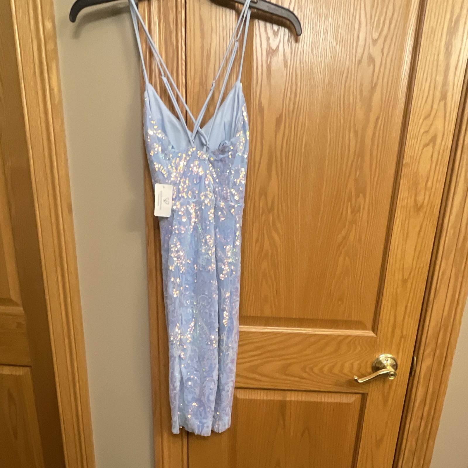 Windsor Women’s S Light Blue Sequin Floral Mesh Lined V-Neck Midi Bodycon Zip