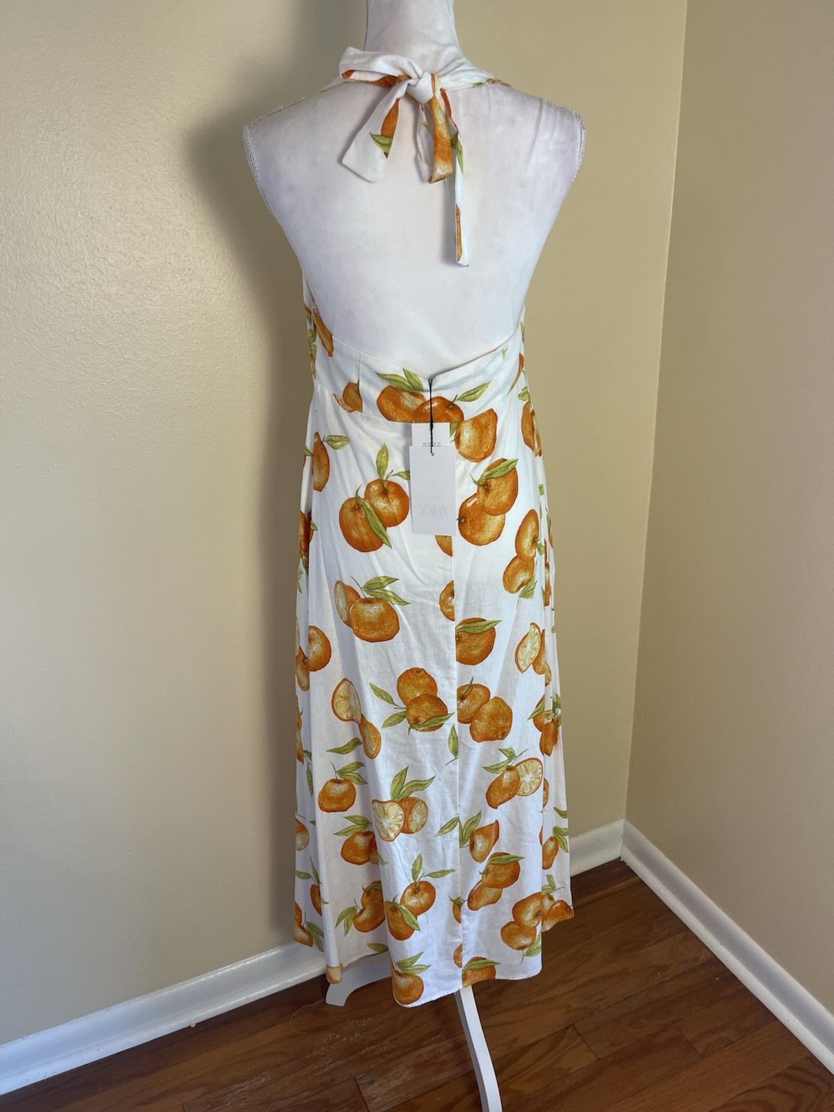 Zara Linen Blend Orange Citrus Print Halter Midi Dress Coastal Euro Summer M NWT