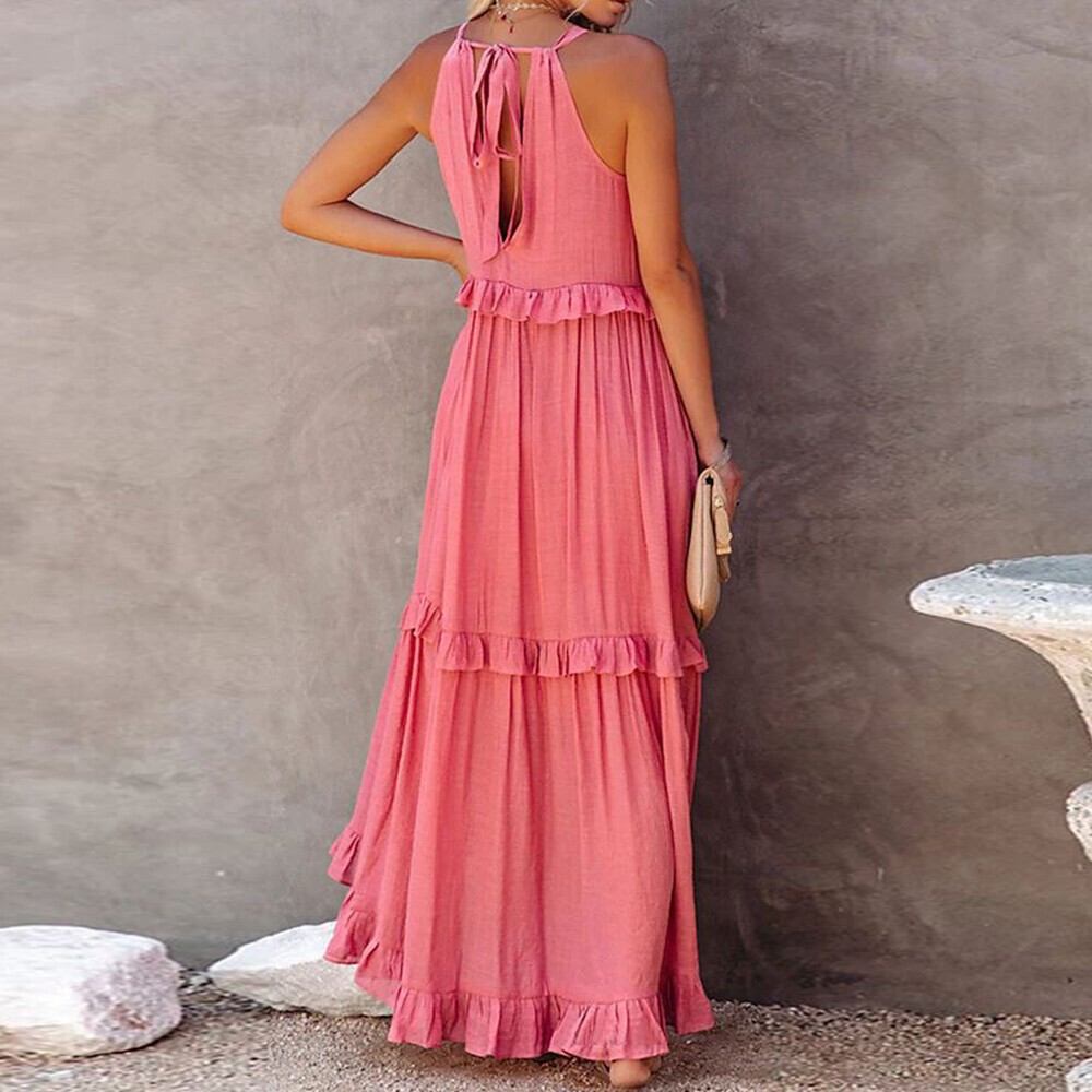 Womens Ruffle Loose Dress Summer Beach Holiday Casual Camisole Maxi Long Dress