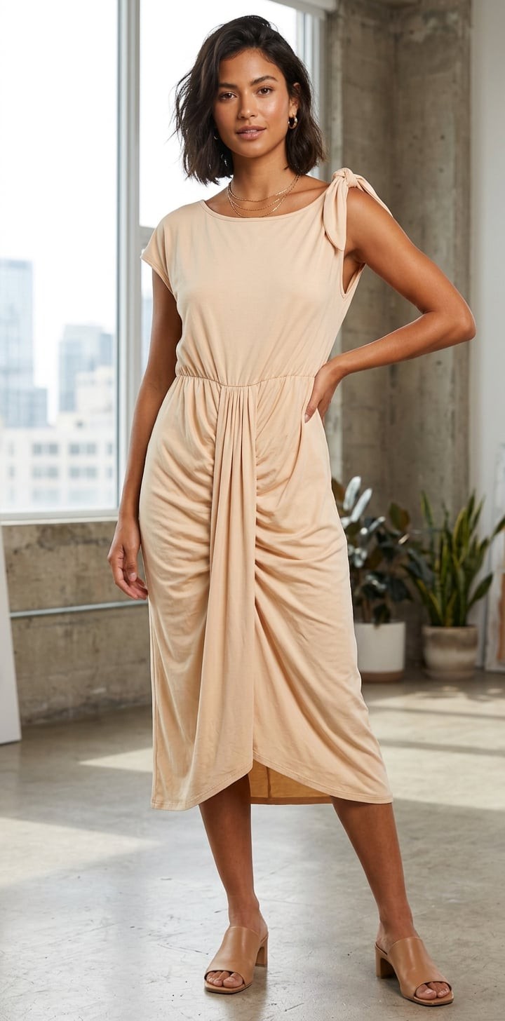 Crew Neck Cap Sleeve Ruched Draped Midi Sheath DressBoutique Dress