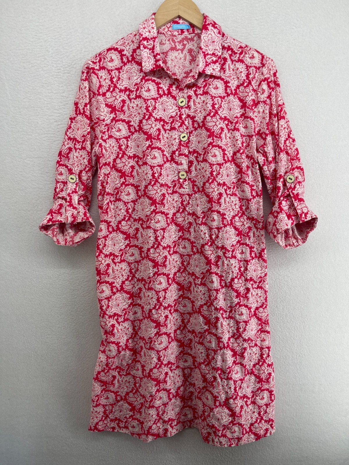 J.MCLAUGHLIN Dress M Paisley Shirtdress Popover Roll Tab Sleeve Cotton Blend Red