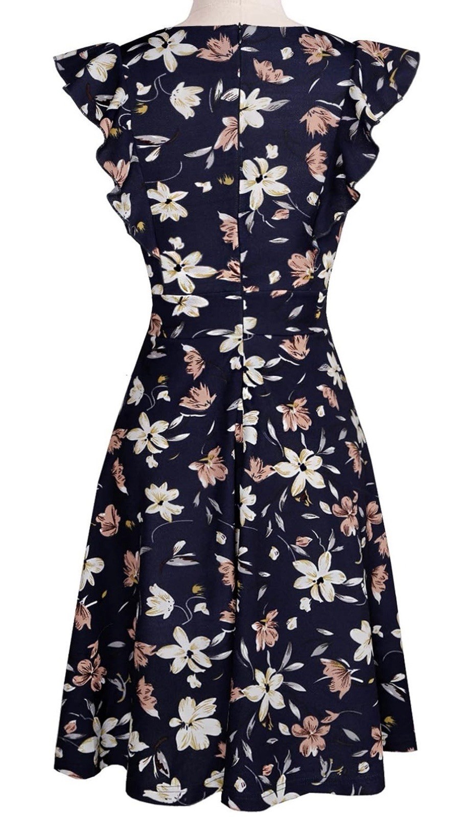 Yathon Navy Floral Ruffle Flutter Sleeve A-Line Knee Length Round Neck Dress