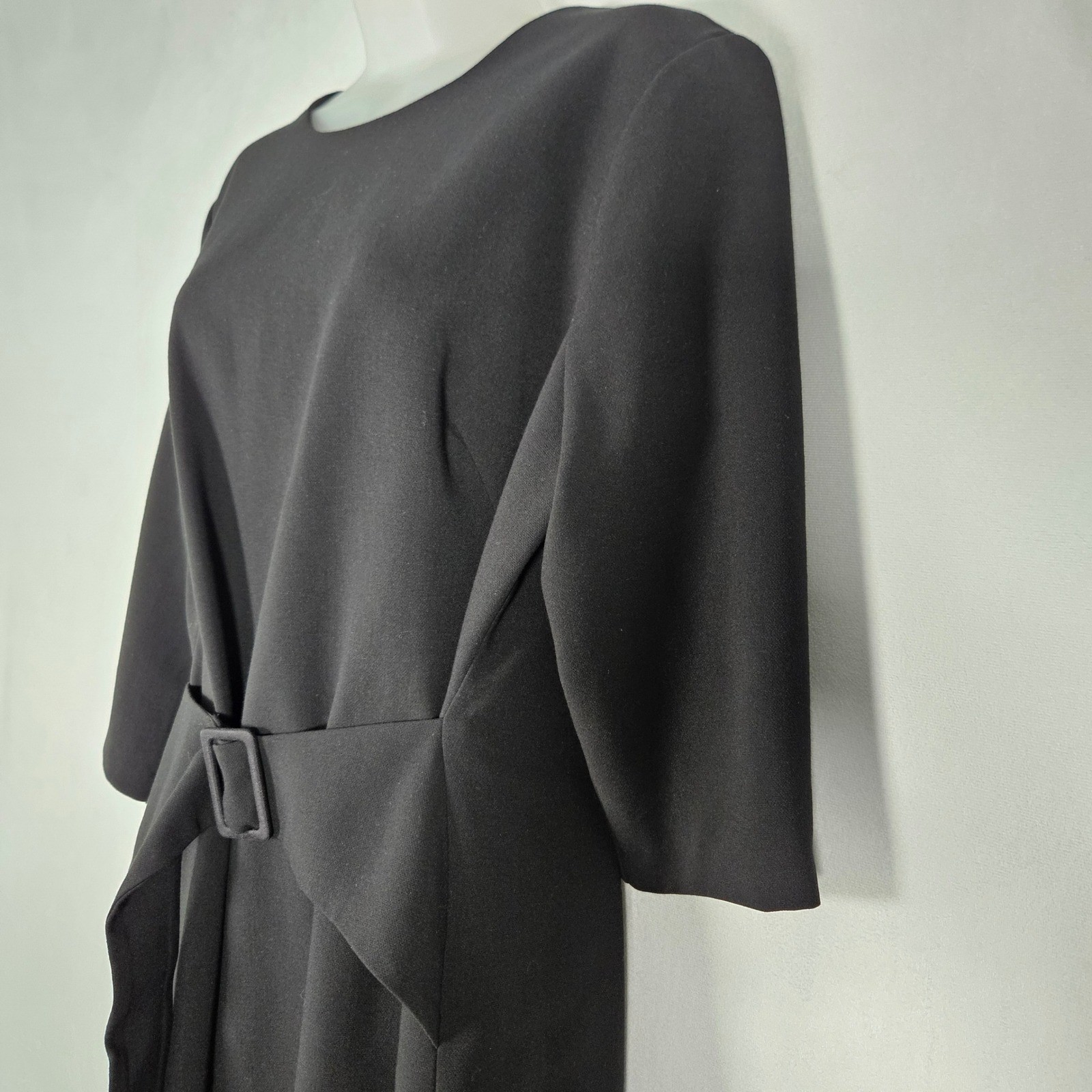 Black Halo Sheath Dress 16 Black NWOT Belted Midi Professional Minimal Cocktail