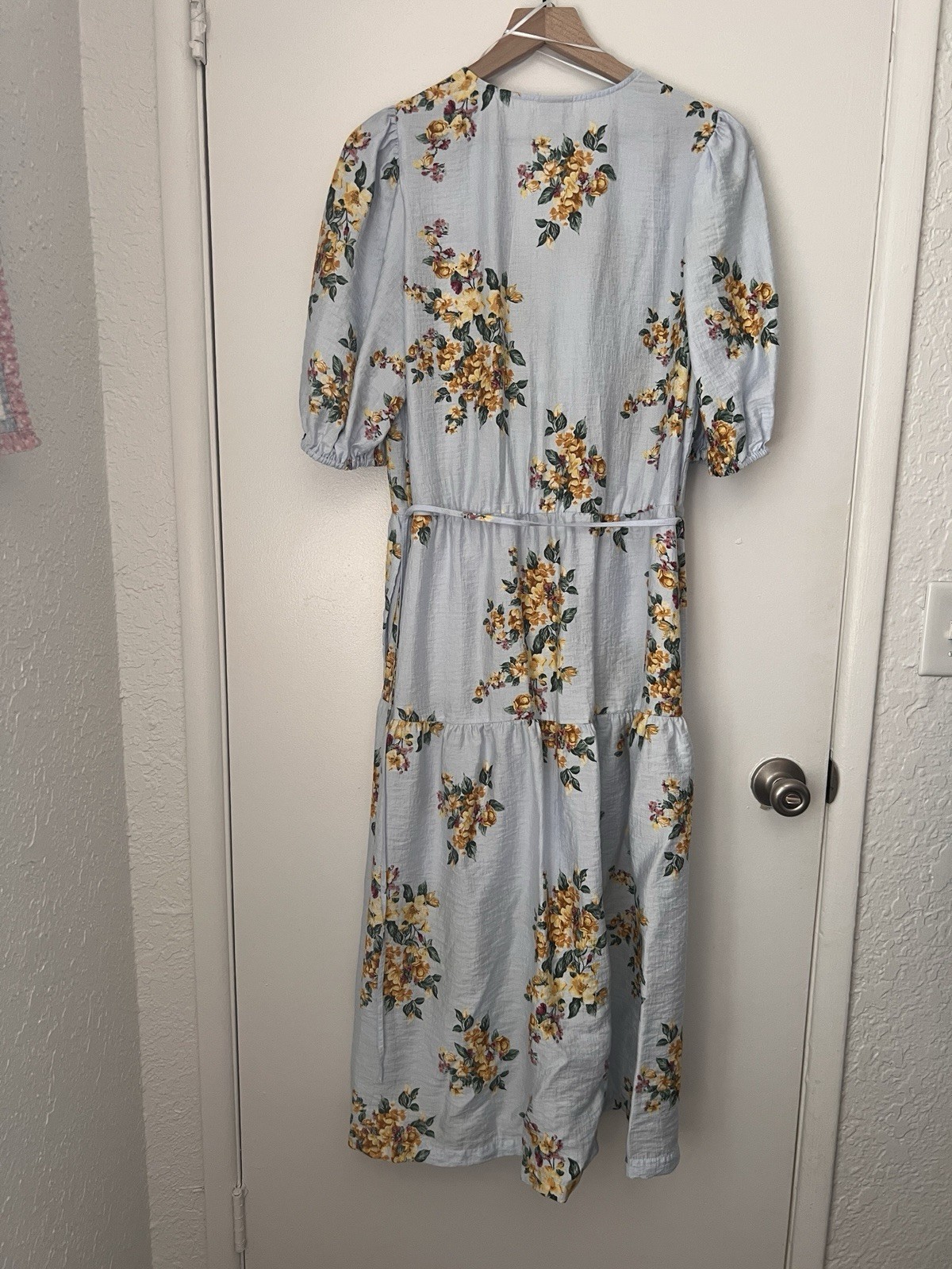 A New Day Blue Floral V-Neck Puff 3/4 Sleeve Tie Waist Maxi Dress XL Pockets