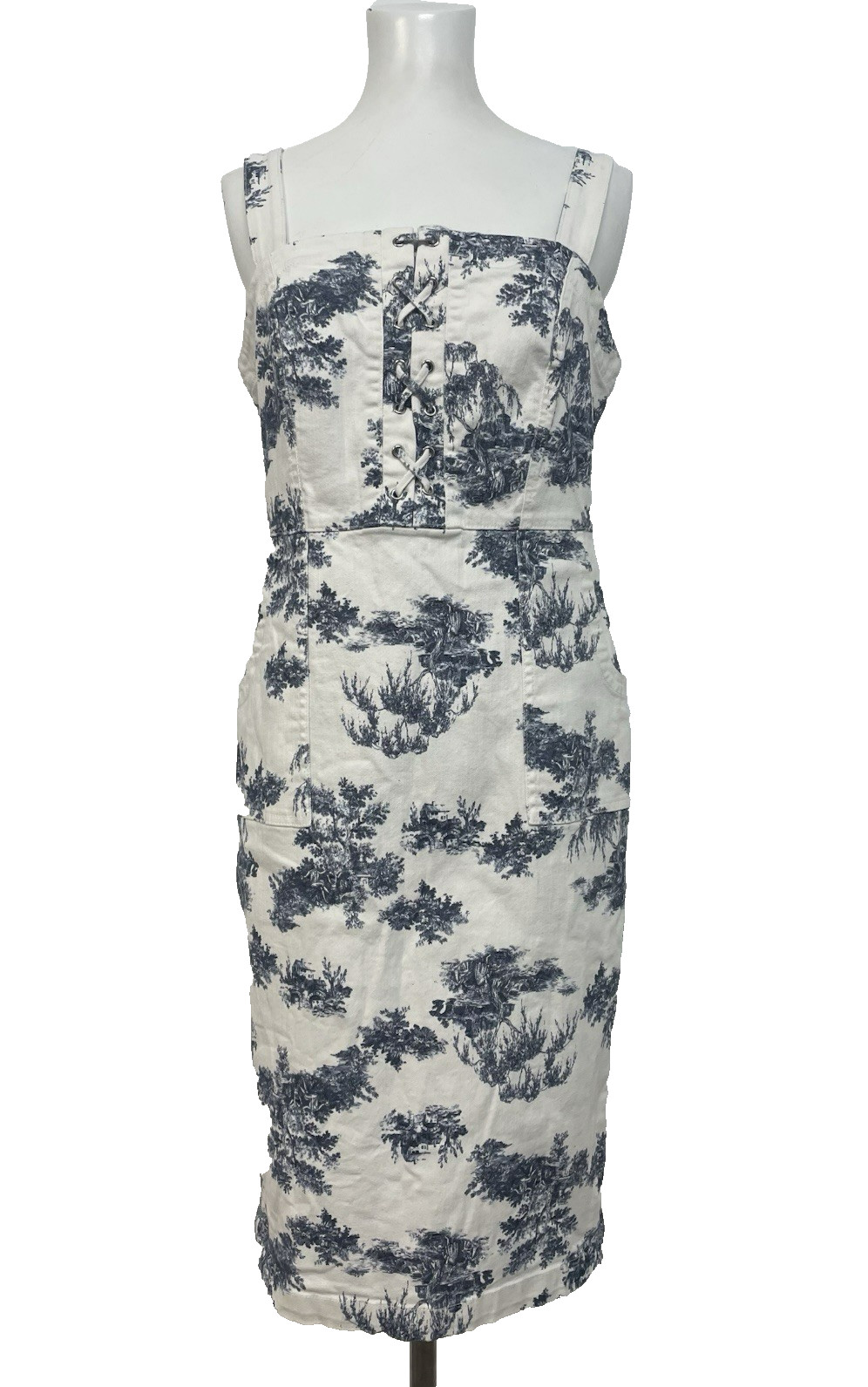 International Concept Sleeveless Jumper Dress Toile Print Denim Size 6