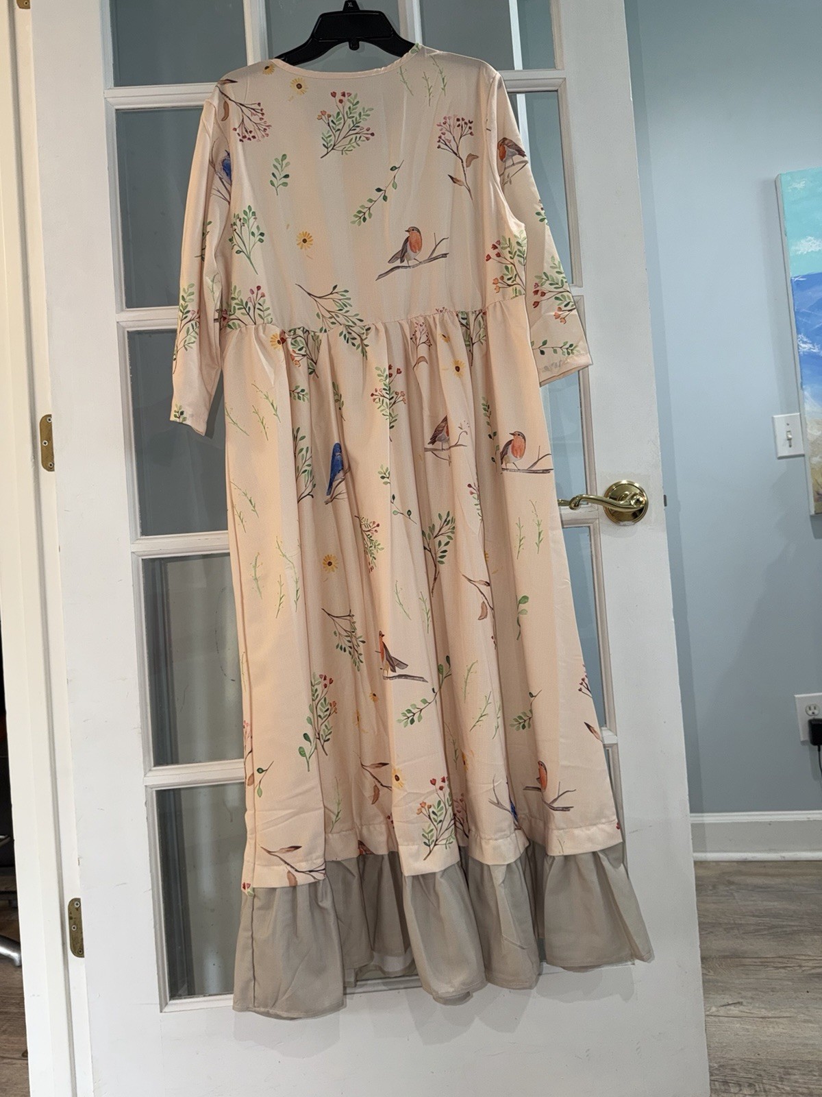 Women’s Cottage Core Prairie Peasant Midi Dress Sz L Boho Bird Ruffle Tiered New