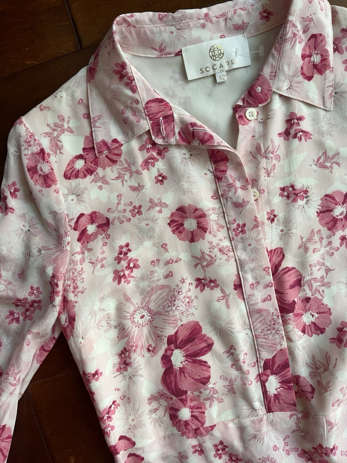 SOCAPRI Floral in White Pink Floral Print Silk Blend Shirt Dress 42 S